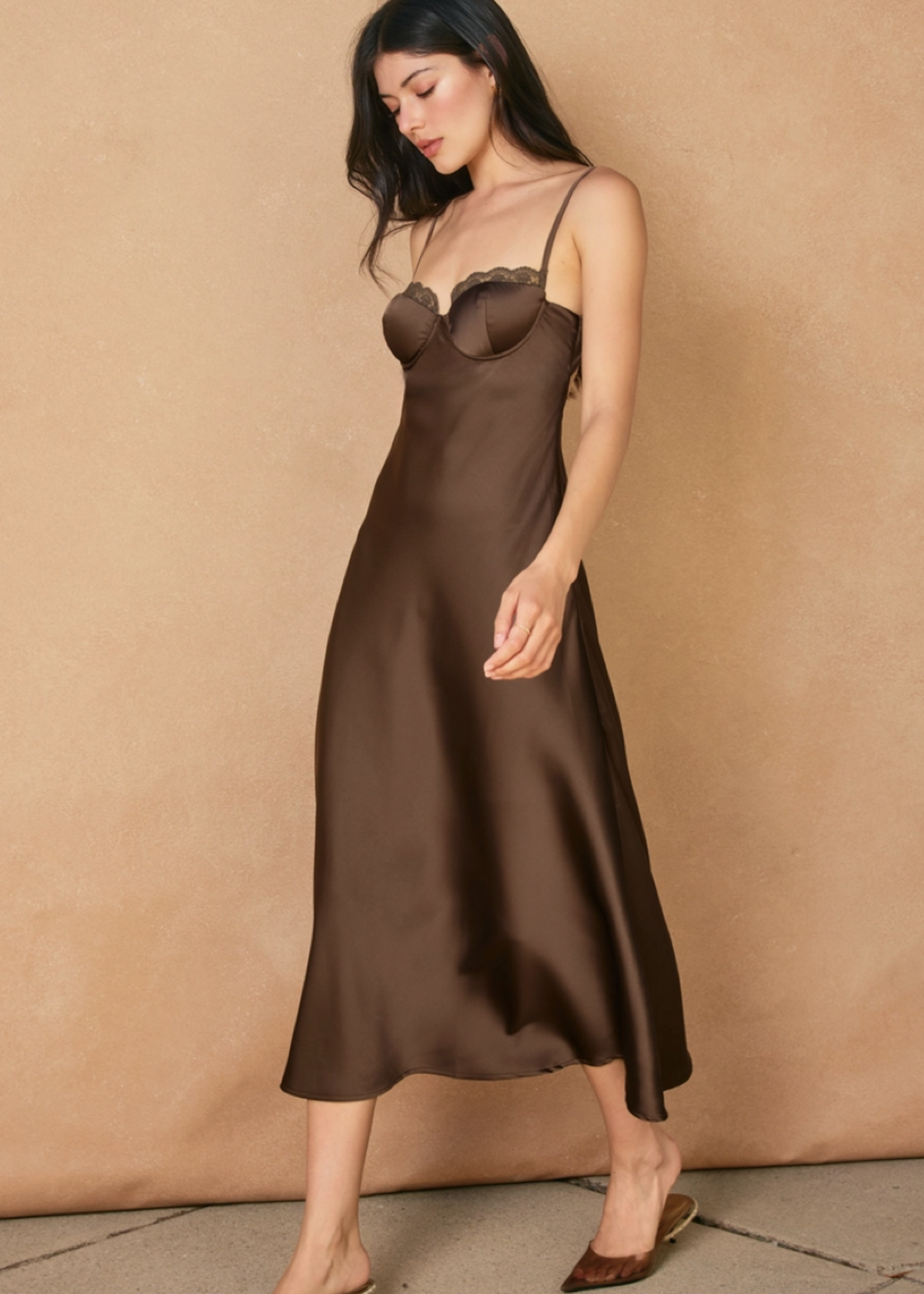 Dull Satin Lace Trim Slip Midi Dress