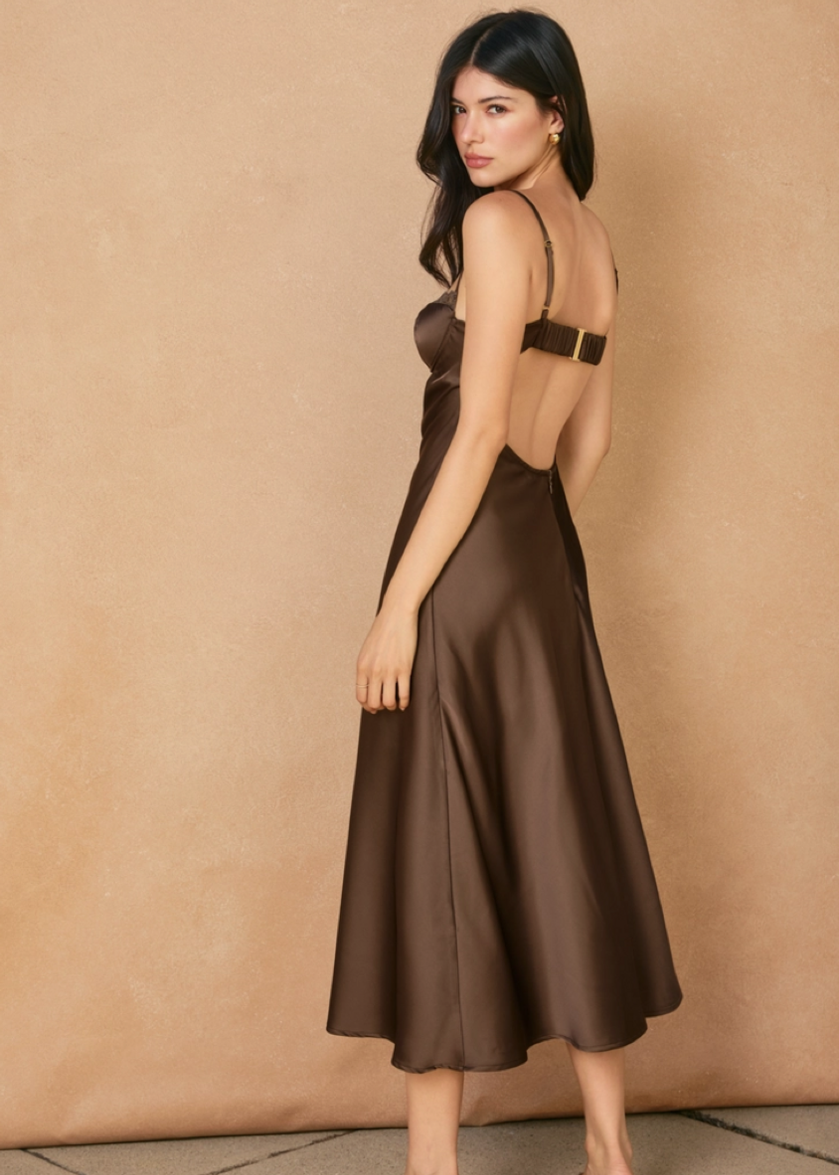 Dull Satin Lace Trim Slip Midi Dress