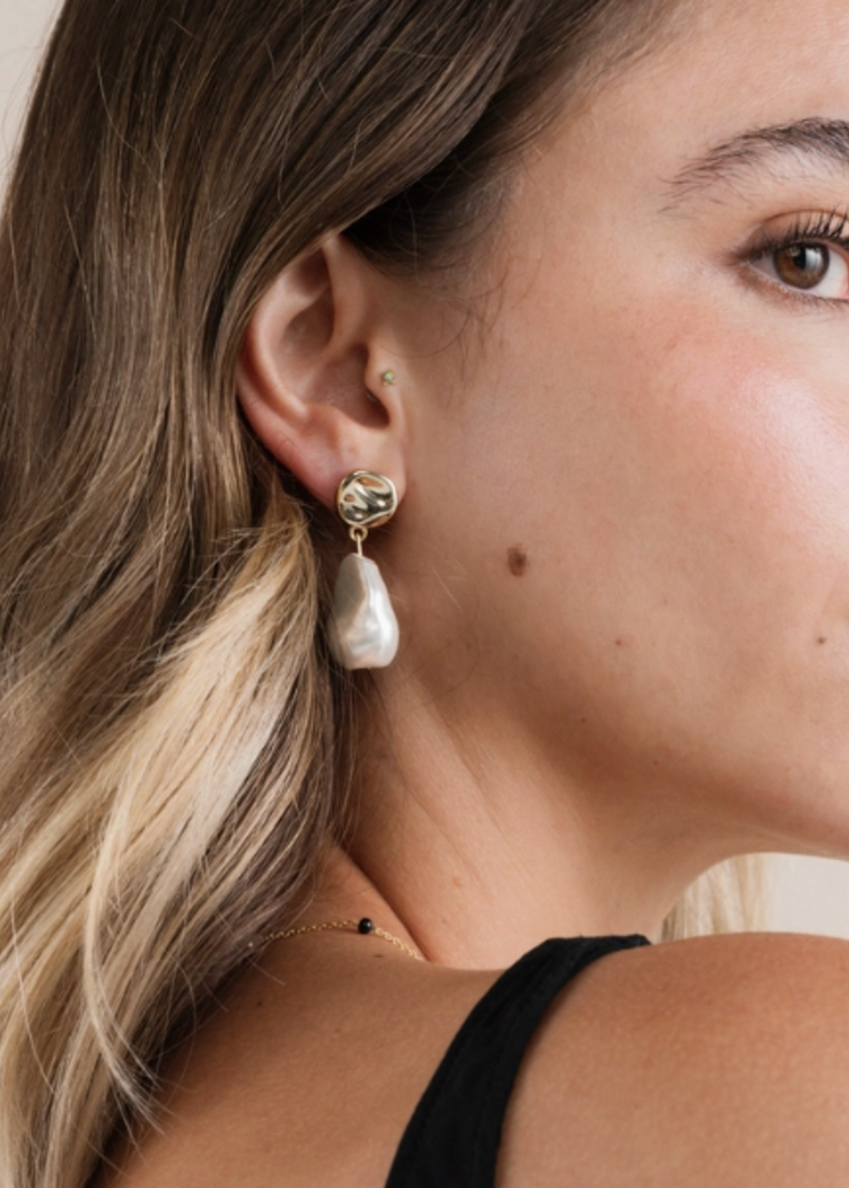 Abstract Pearl and Gold Drop Earrings