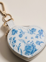Jewelry Travel Case Keychain White & Blue Floral Print Heart