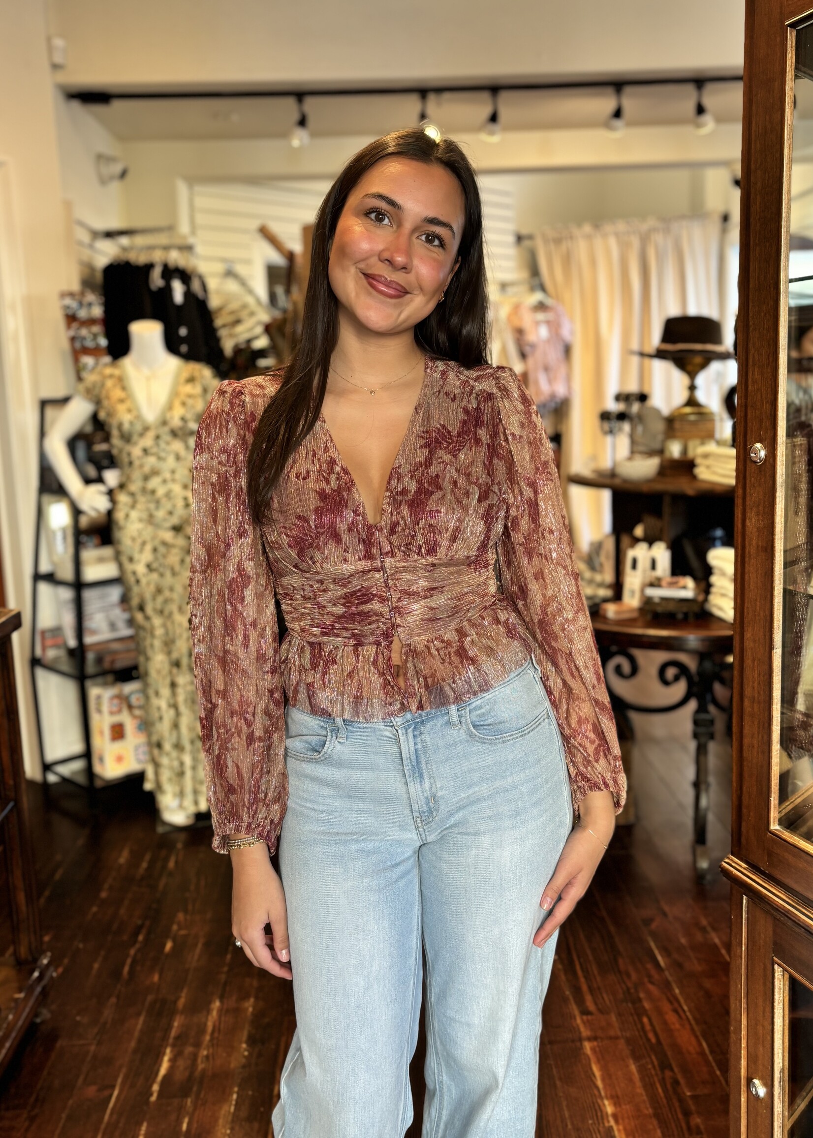 Frosted Bloom Plunging Raw Hem Blouse