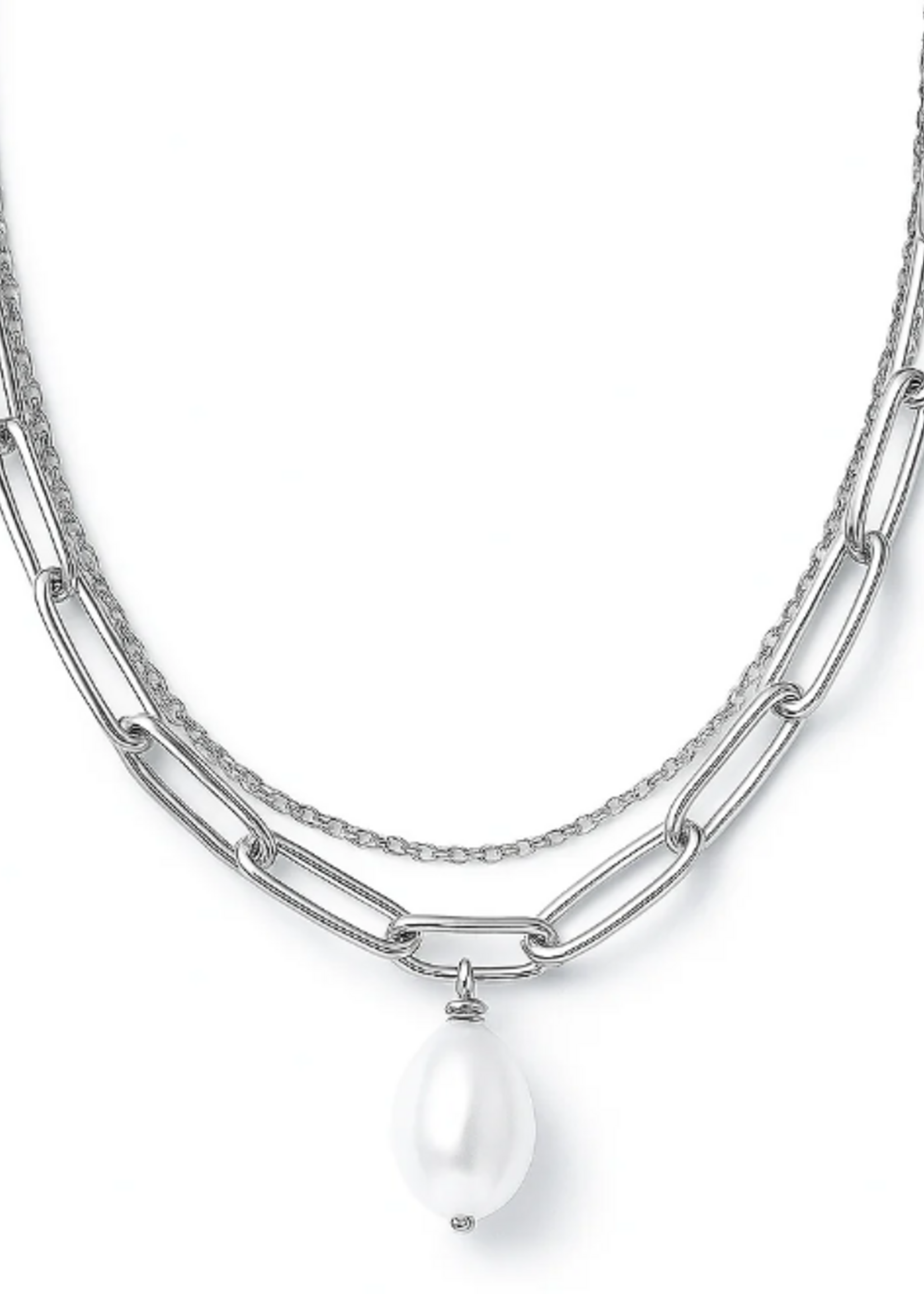 Renee Double Chain Pearl Choker Necklace Silver