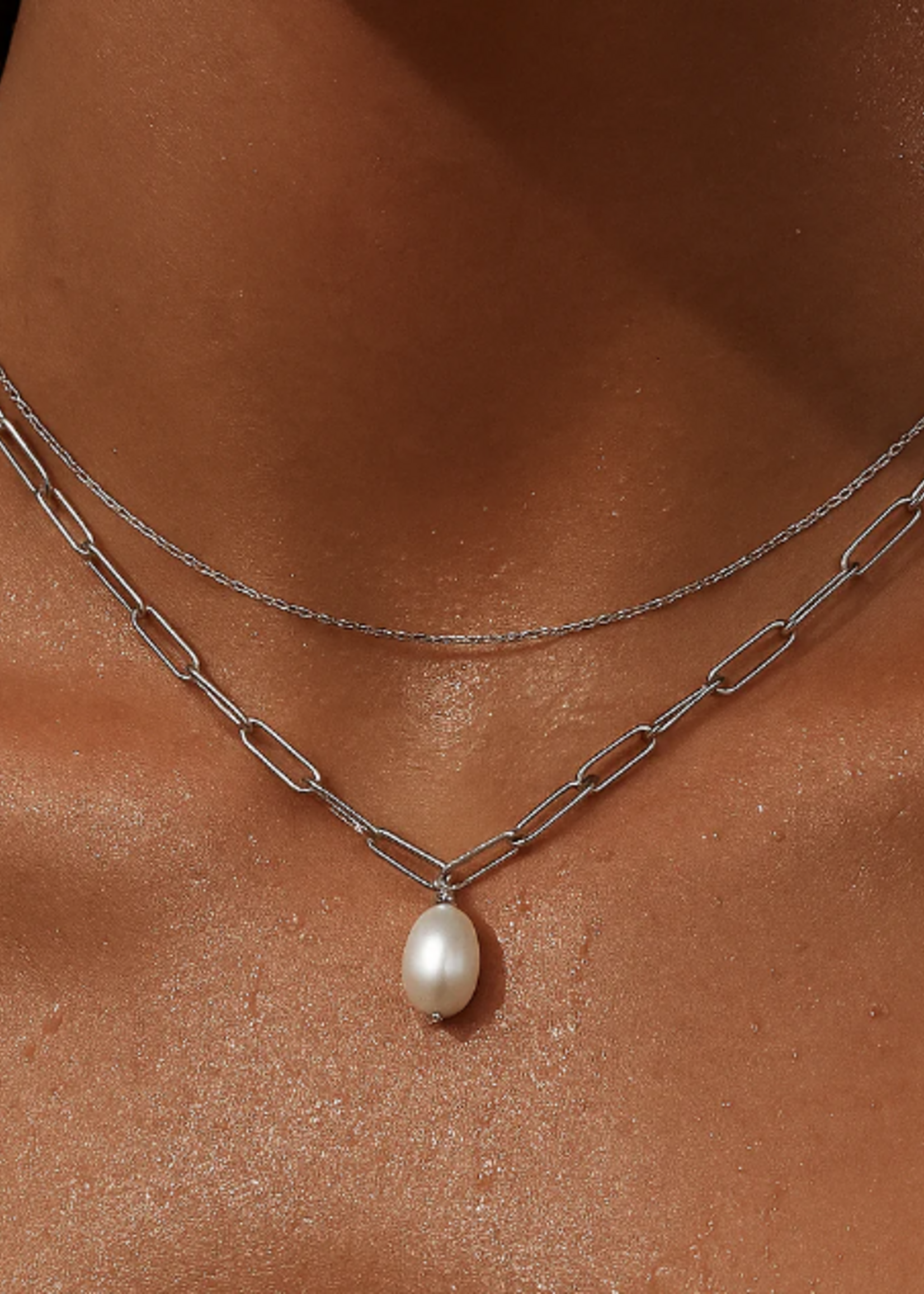 Renee Double Chain Pearl Choker Necklace Silver