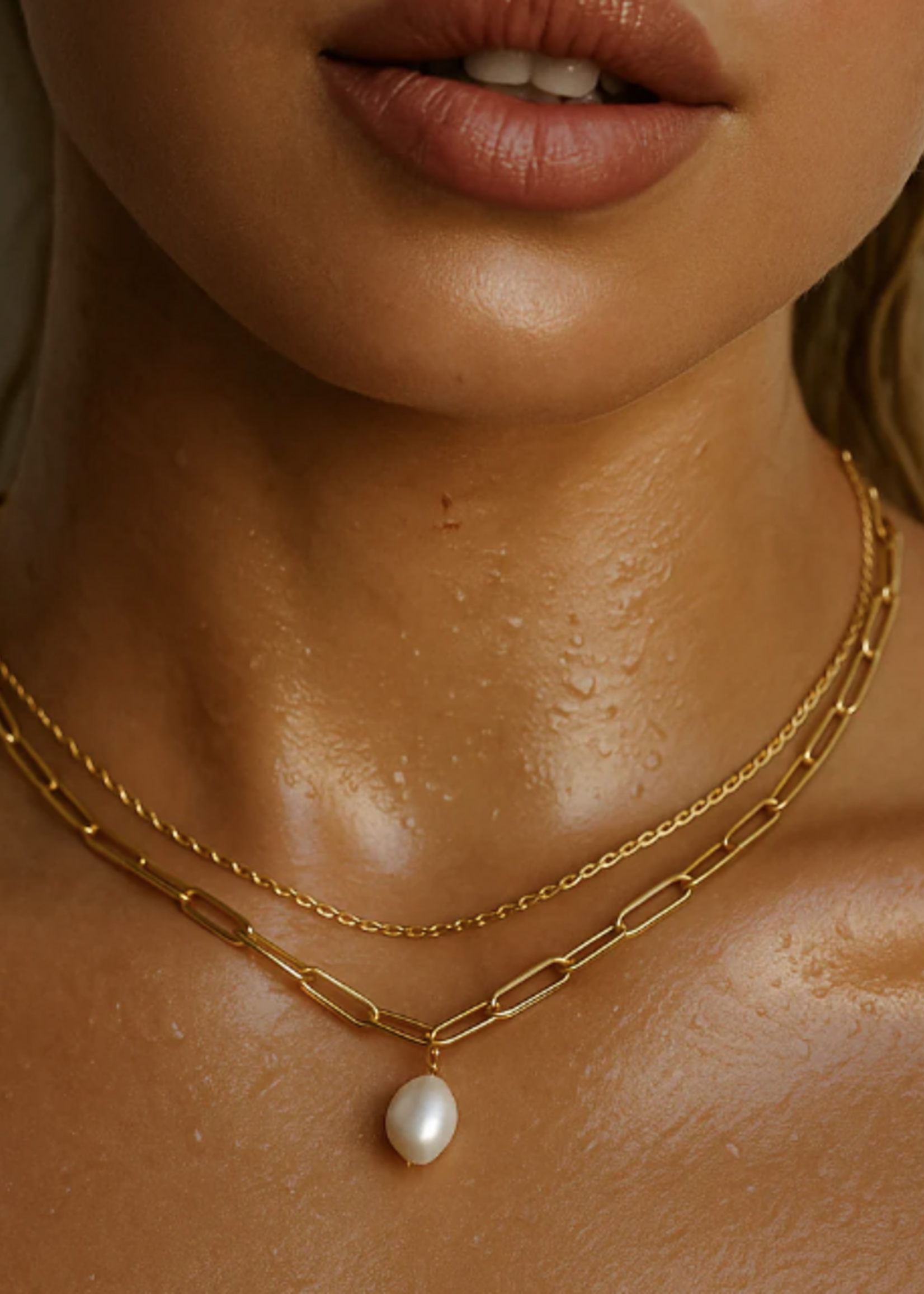 Renee Double Chain Pearl Choker Necklace Gold
