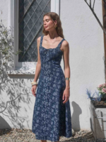 Denim Jacquard Floral Detail Midi Dress