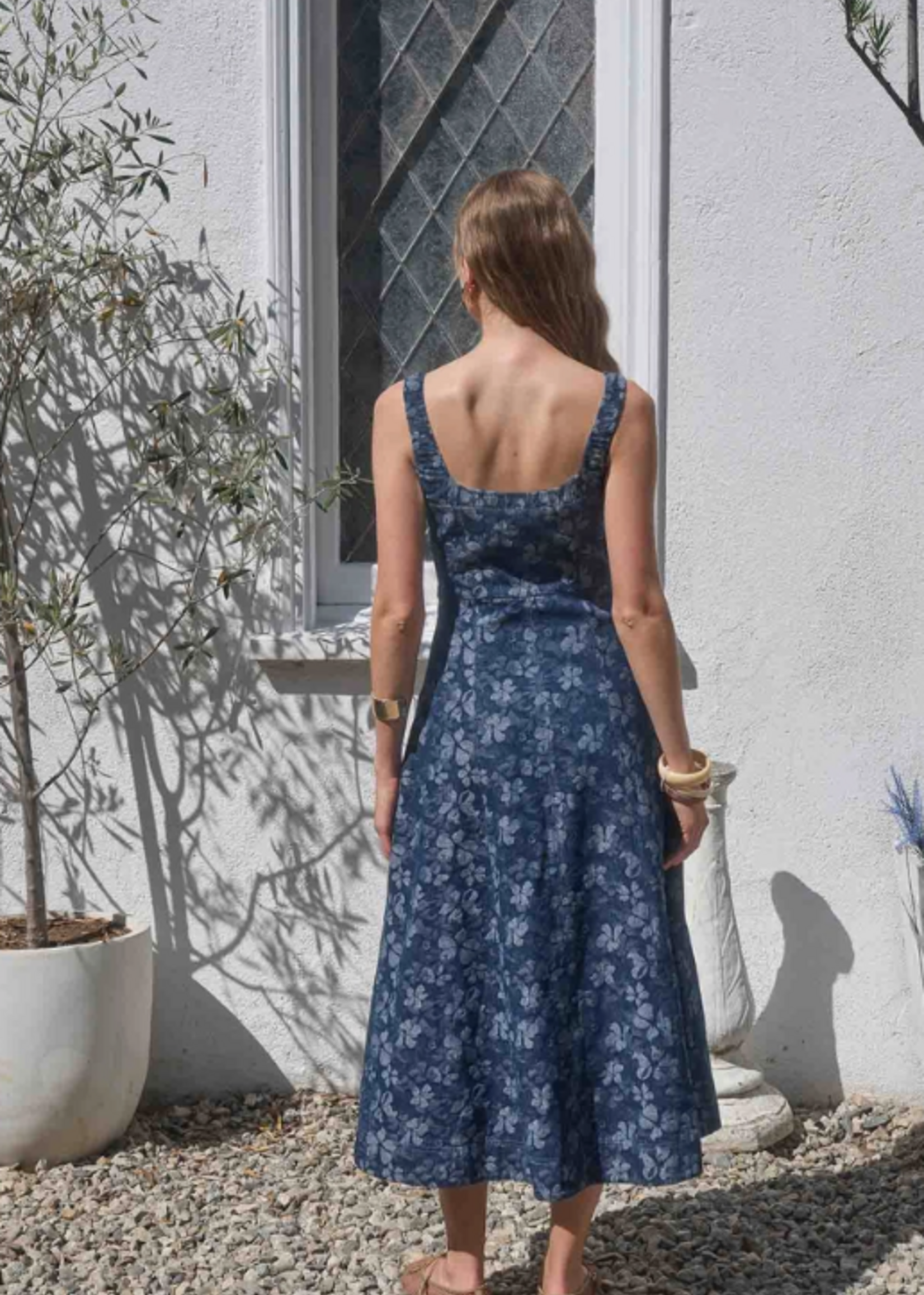 Denim Jacquard Floral Detail Midi Dress