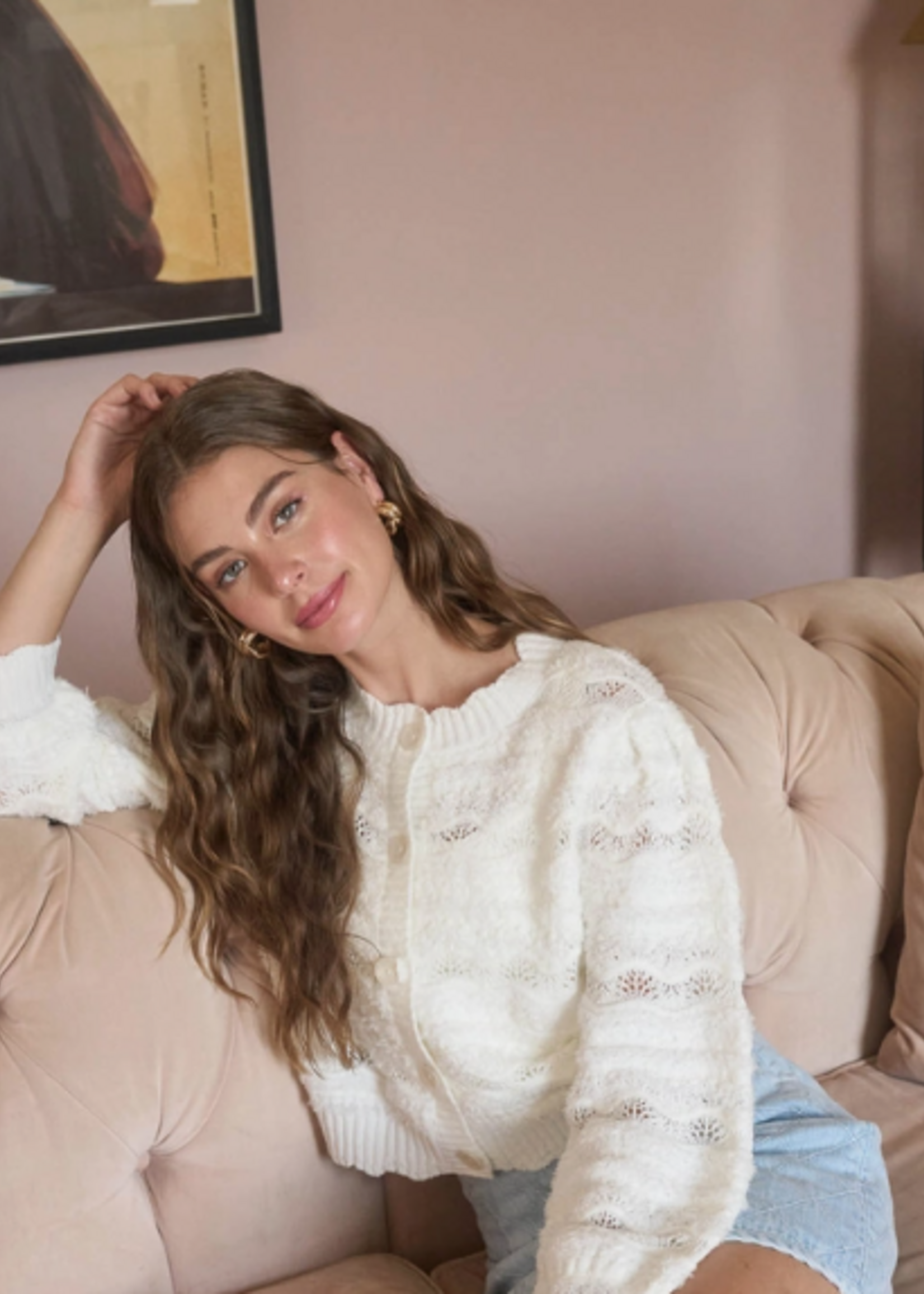 Wavy Detail Scallop Hem Sheer Knit Cardigan