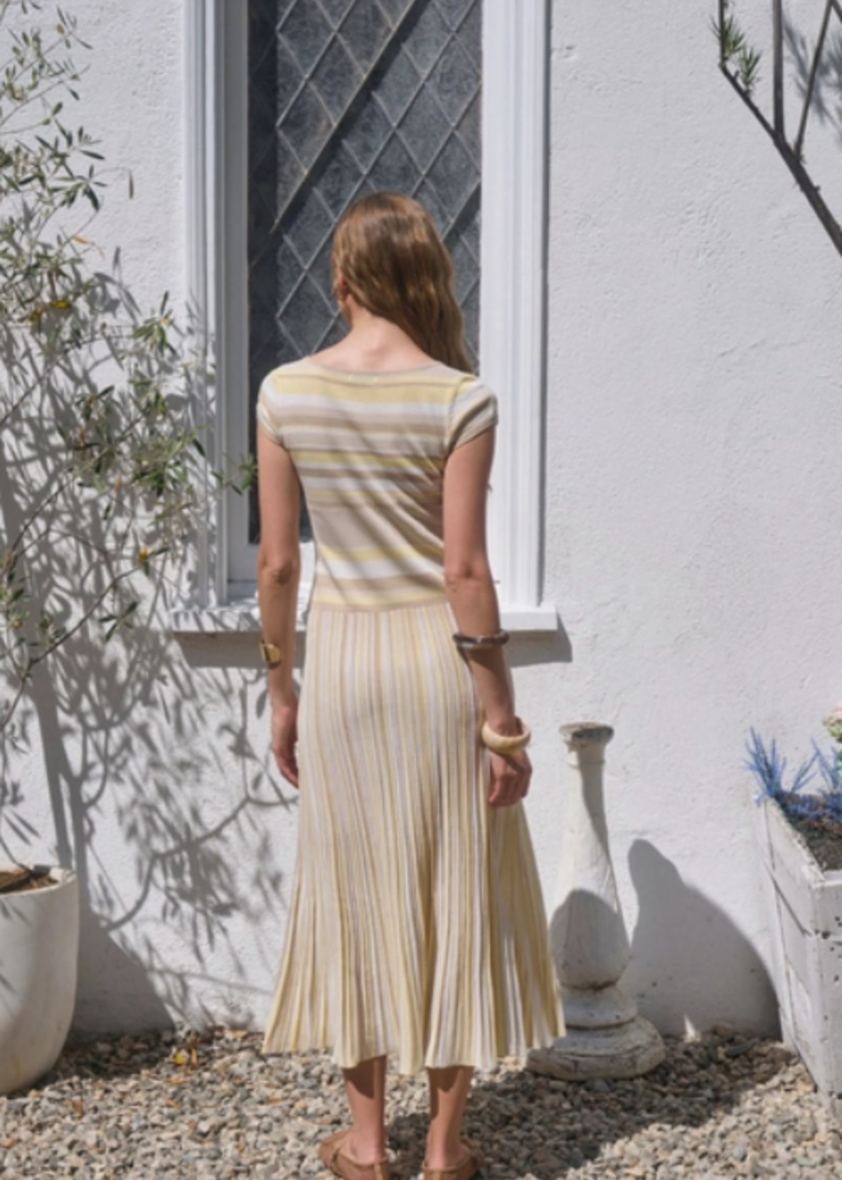 Multi-Color Stripe Pleated Knit Midi Dress