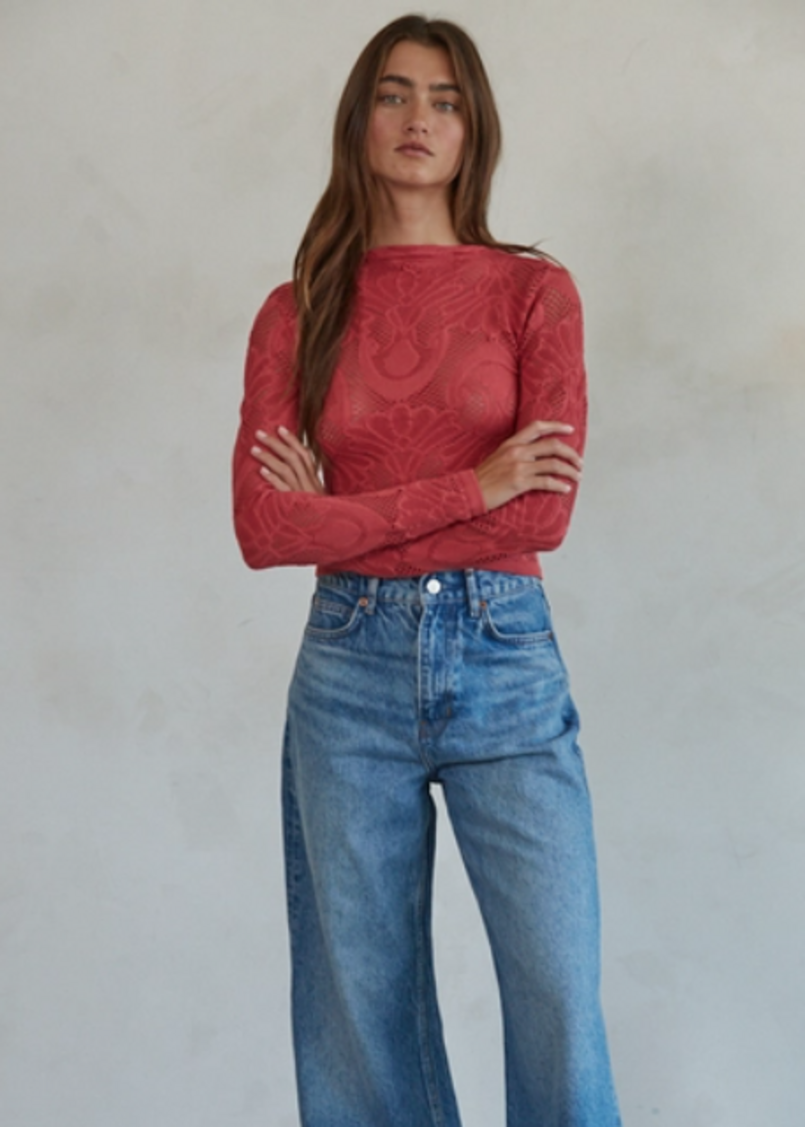Knit Seamless Jacquard Mock Neck Long Sleeve Top