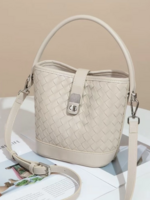 Woven Twist Lock Crossbody Bucket Bag