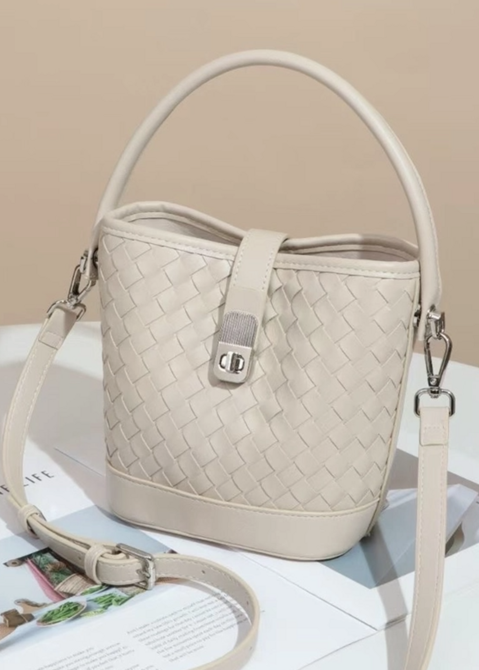 Woven Twist Lock Crossbody Bucket Bag