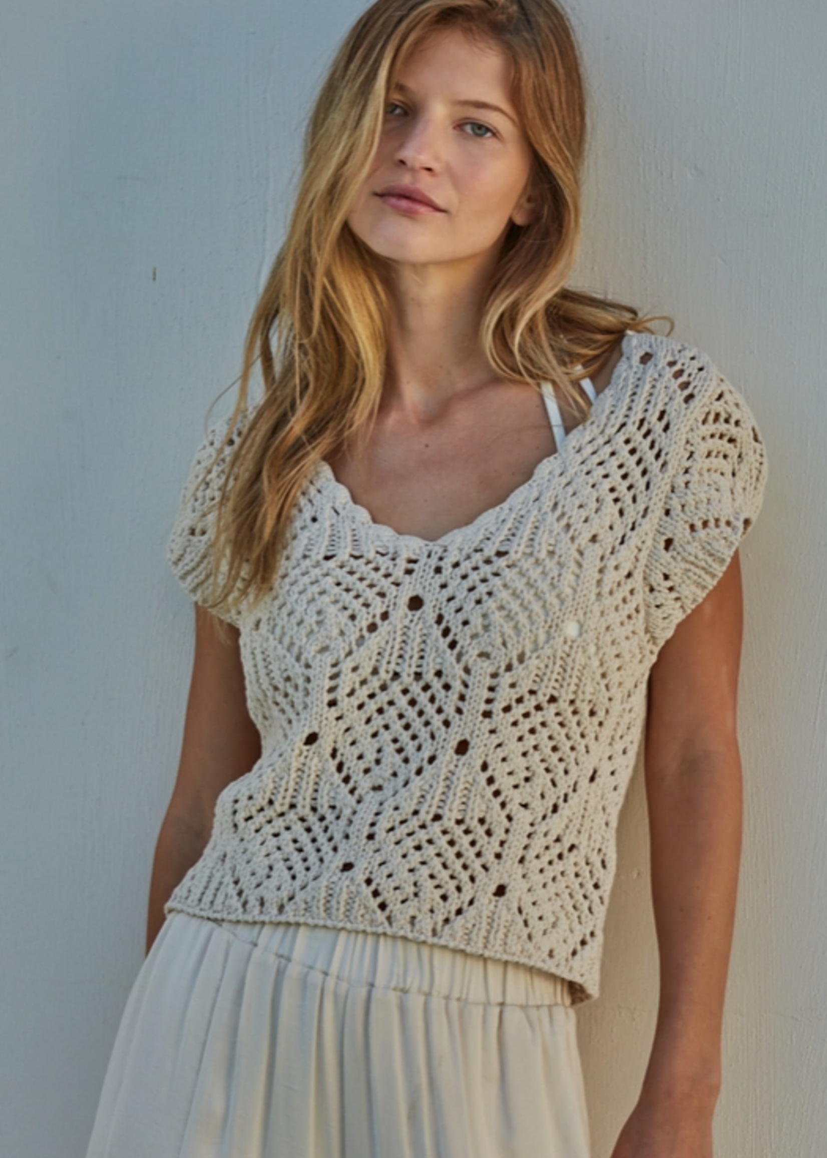 Crochet V-Neck Cap Sleeve Top