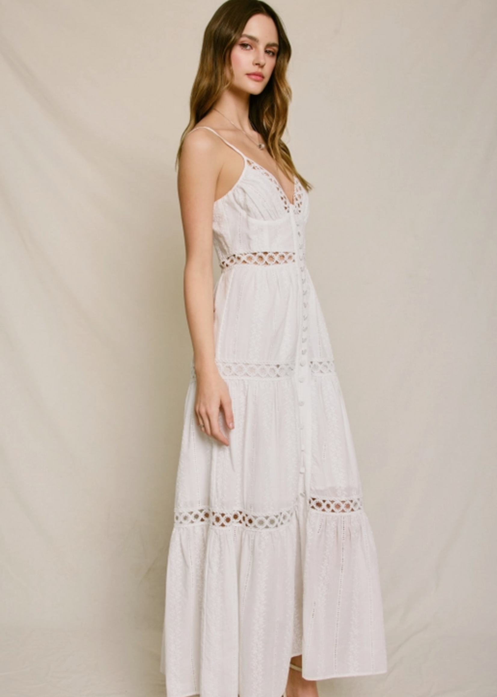 Sunbeam Eyelet Lace Inset Tiered Maxi Dress Ivory