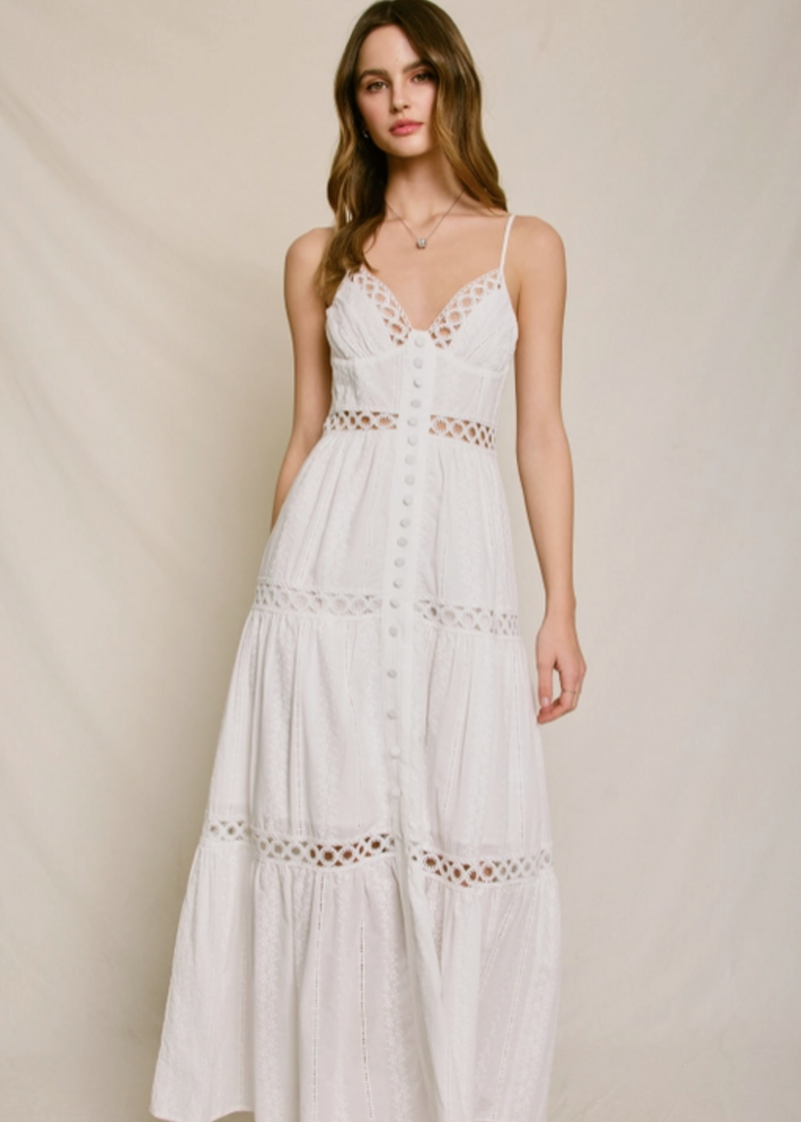Sunbeam Eyelet Lace Inset Tiered Maxi Dress Ivory