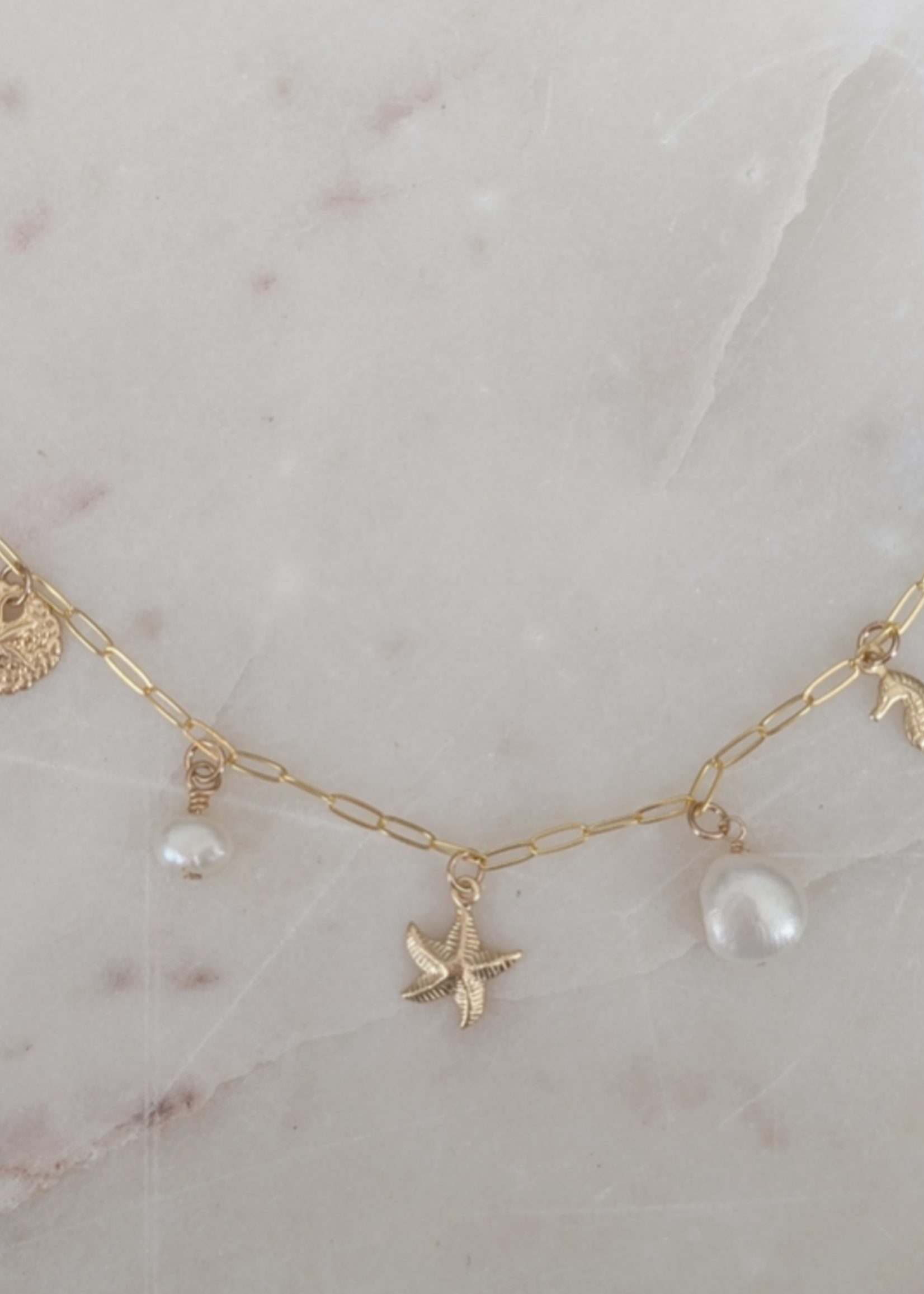 Freshwater Pearls & Ocean Charms Gold Filled Paperclip Necklace