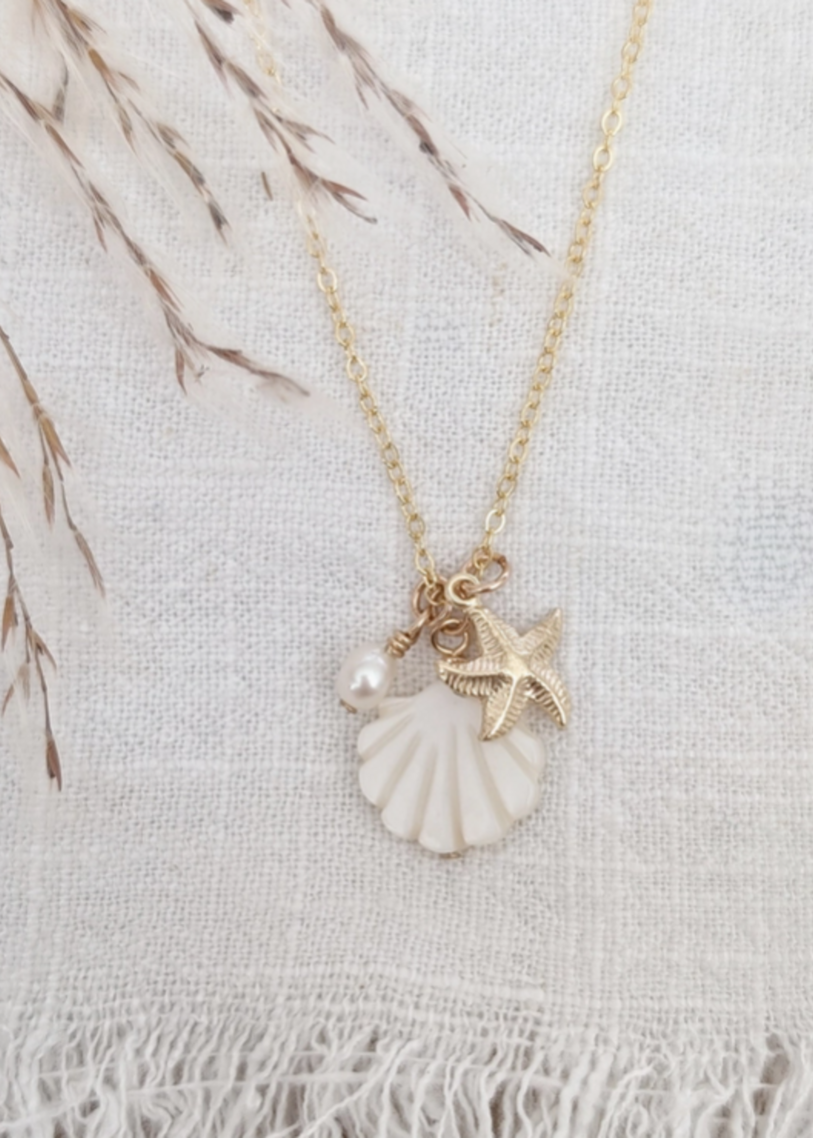 Seashell & Starfish Charm Necklace 14k Gold Fill