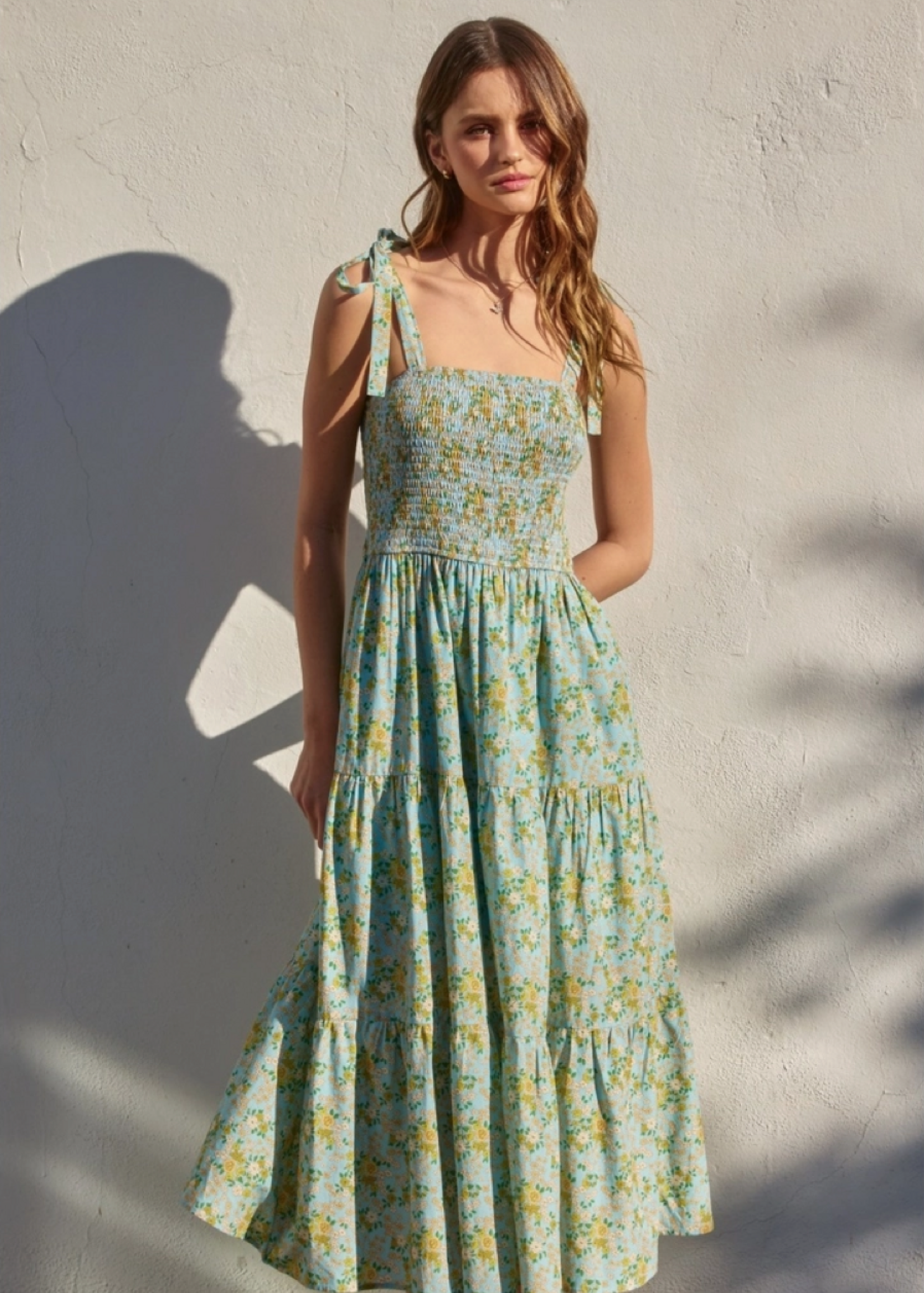 Pleasing Smocked Top Tiered Midi Dress