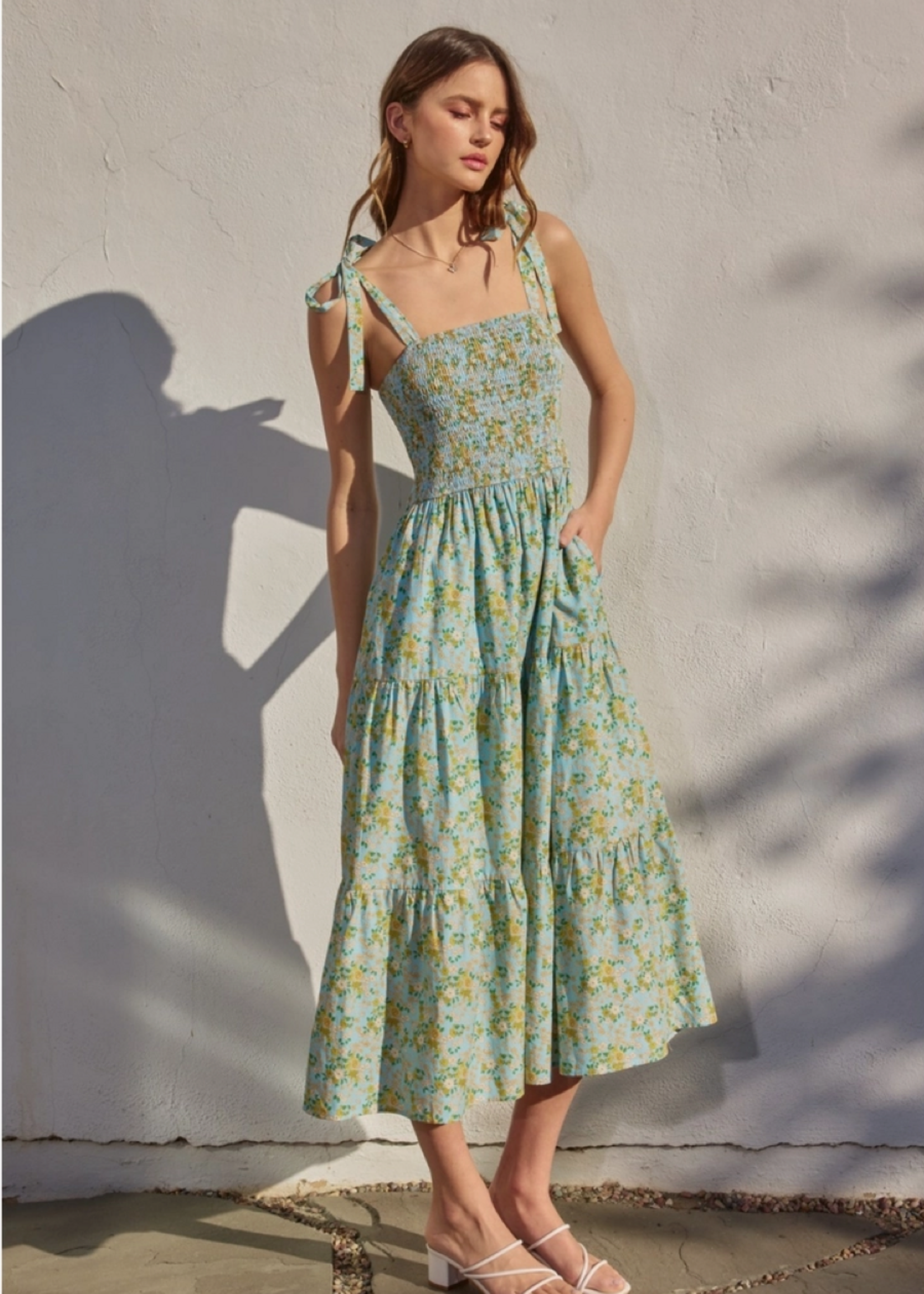 Pleasing Smocked Top Tiered Midi Dress