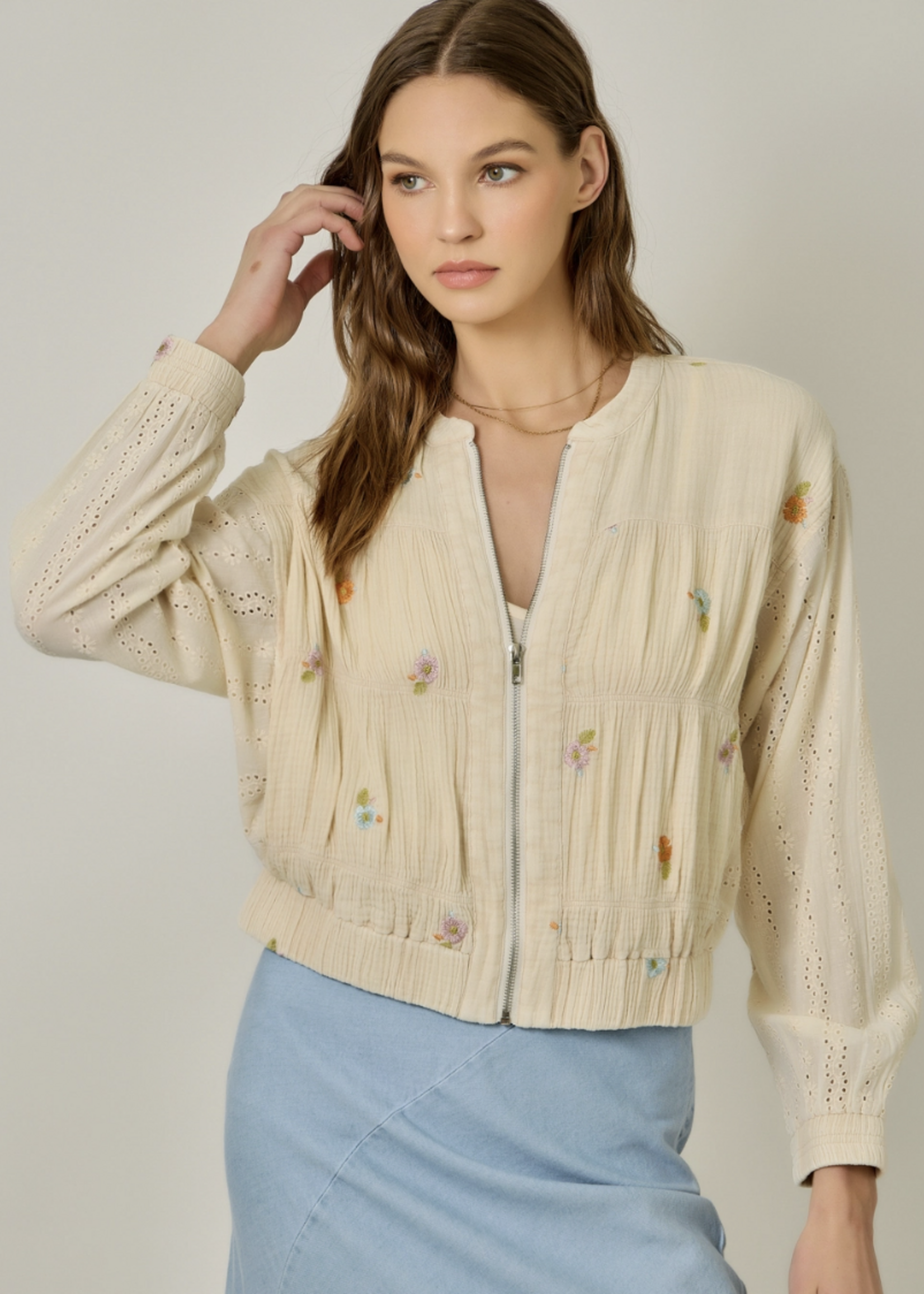 Embroidered Mixed Media Jacket Oatmeal