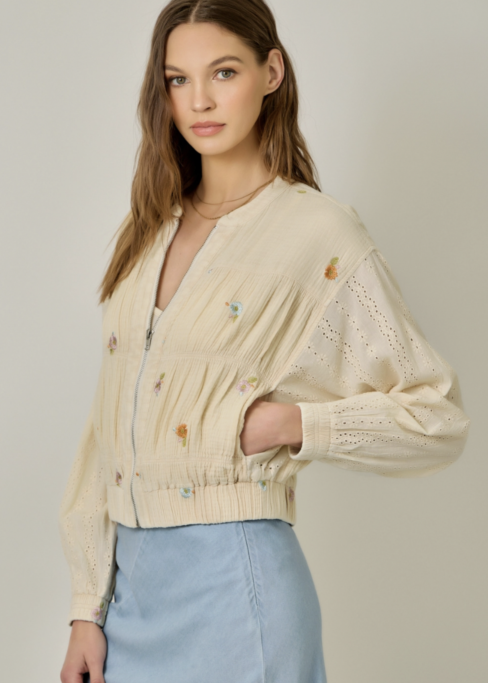 Embroidered Mixed Media Jacket Oatmeal