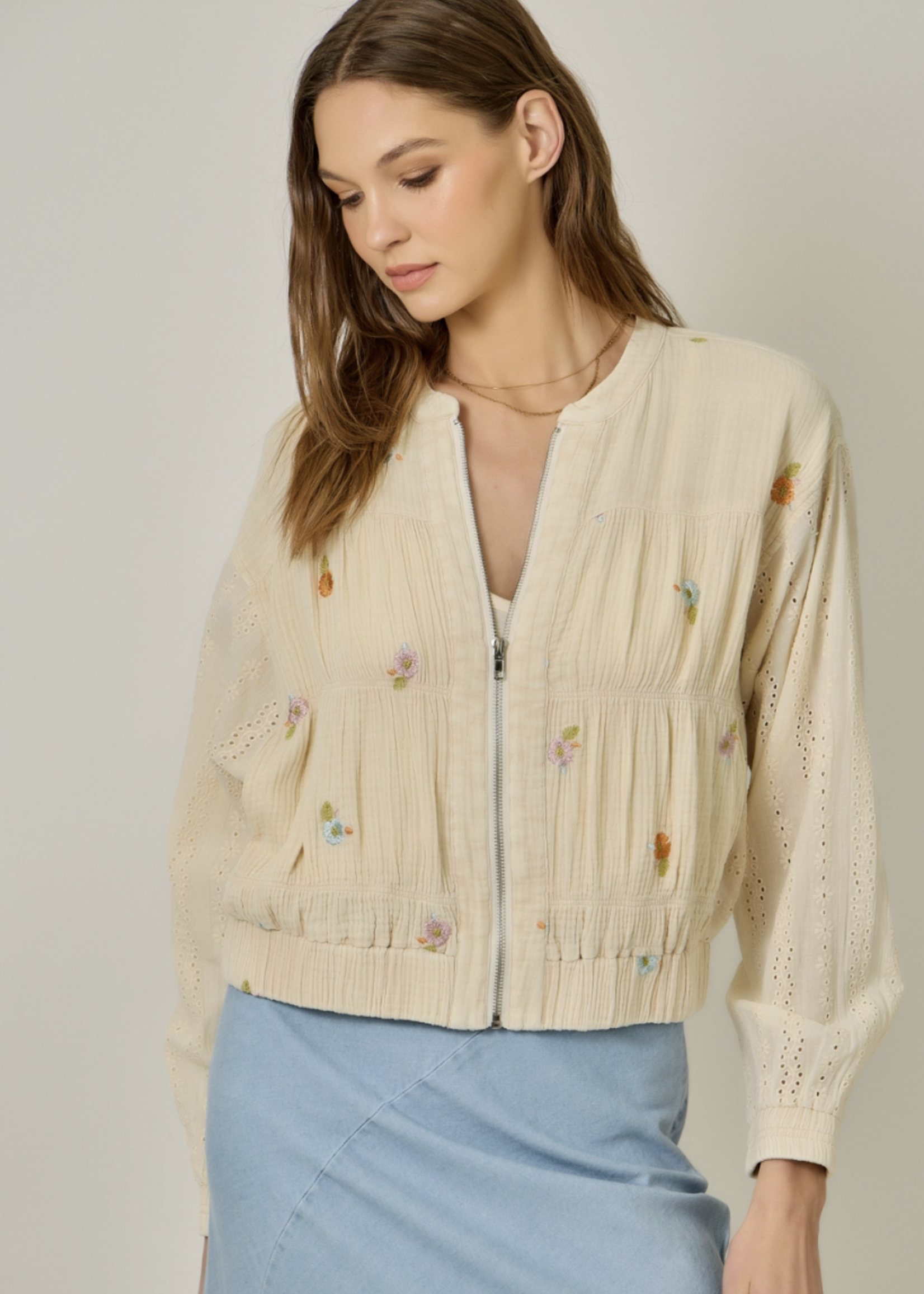Embroidered Mixed Media Jacket Oatmeal