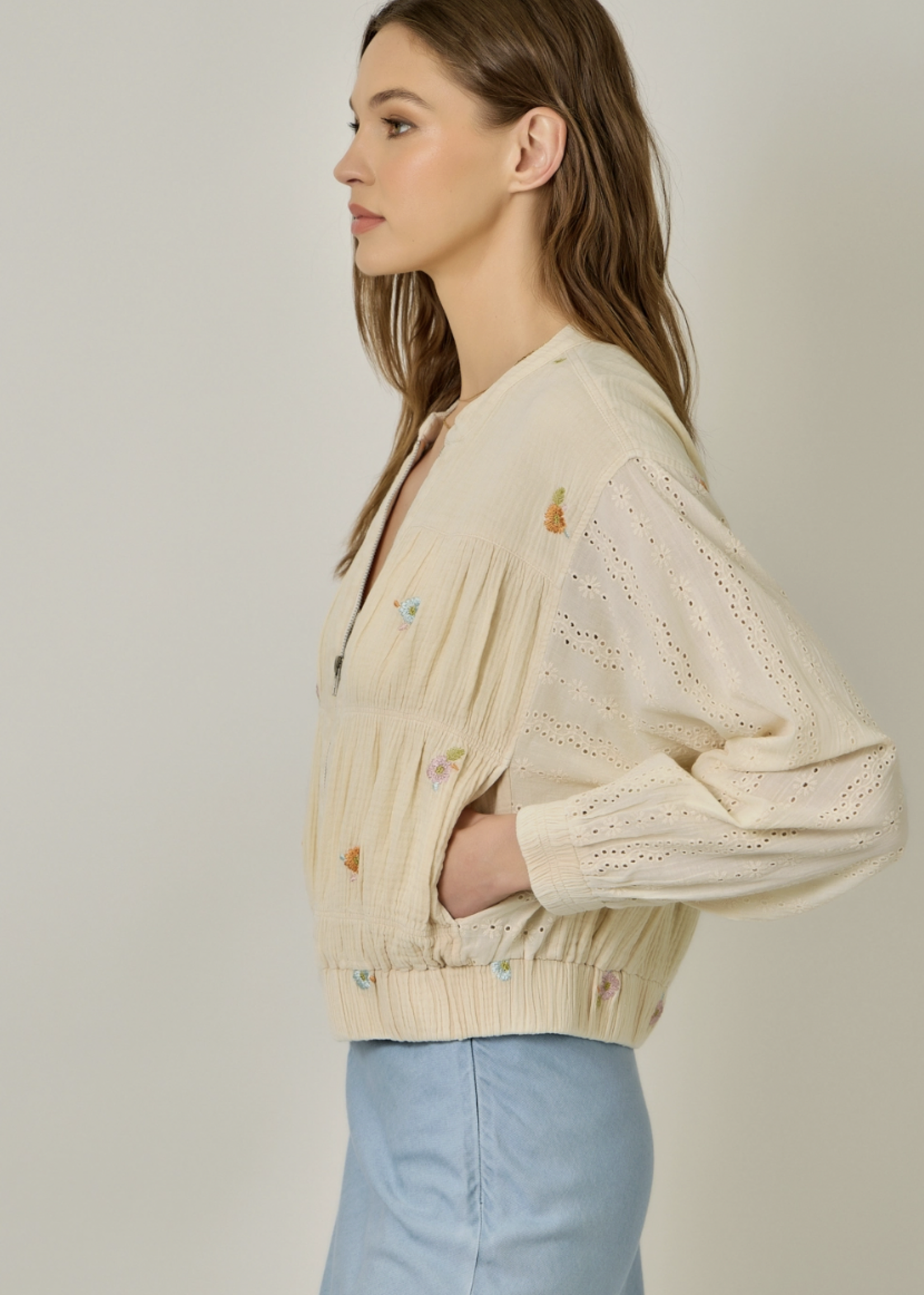 Embroidered Mixed Media Jacket Oatmeal