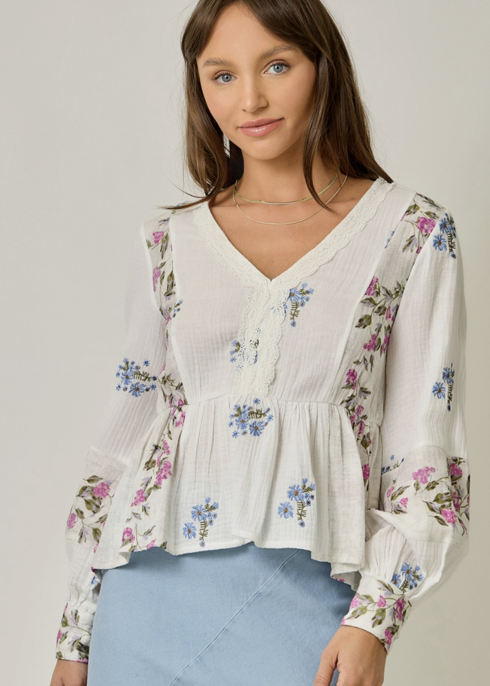 Embroidered Mixed Print Blouse Off White