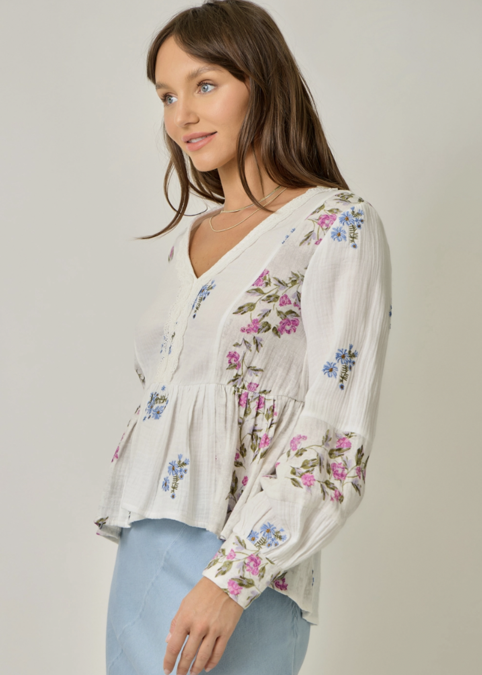 Embroidered Mixed Print Blouse Off White