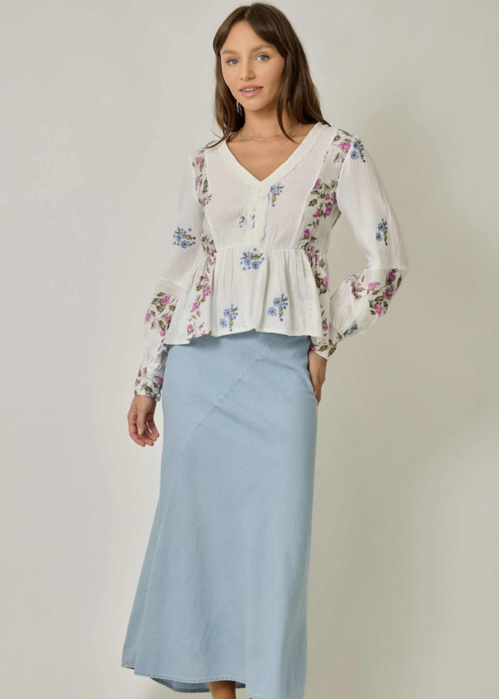 Embroidered Mixed Print Blouse Off White