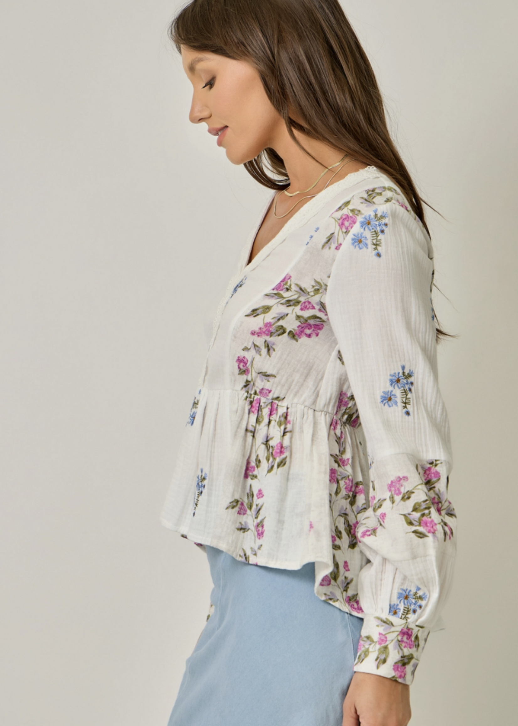Embroidered Mixed Print Blouse Off White