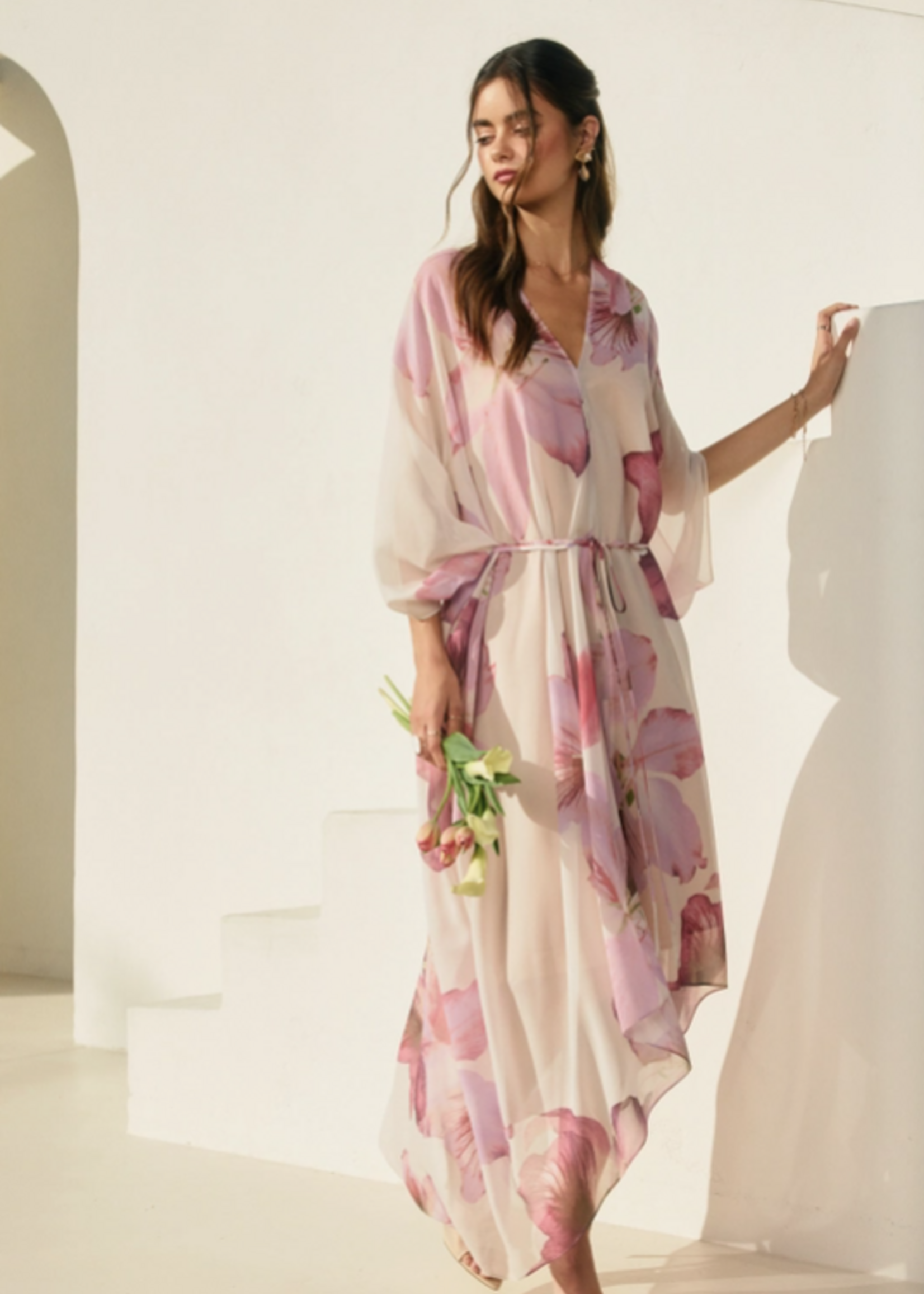 Laelia Orchid Floral V Neck Kaftan Dress
