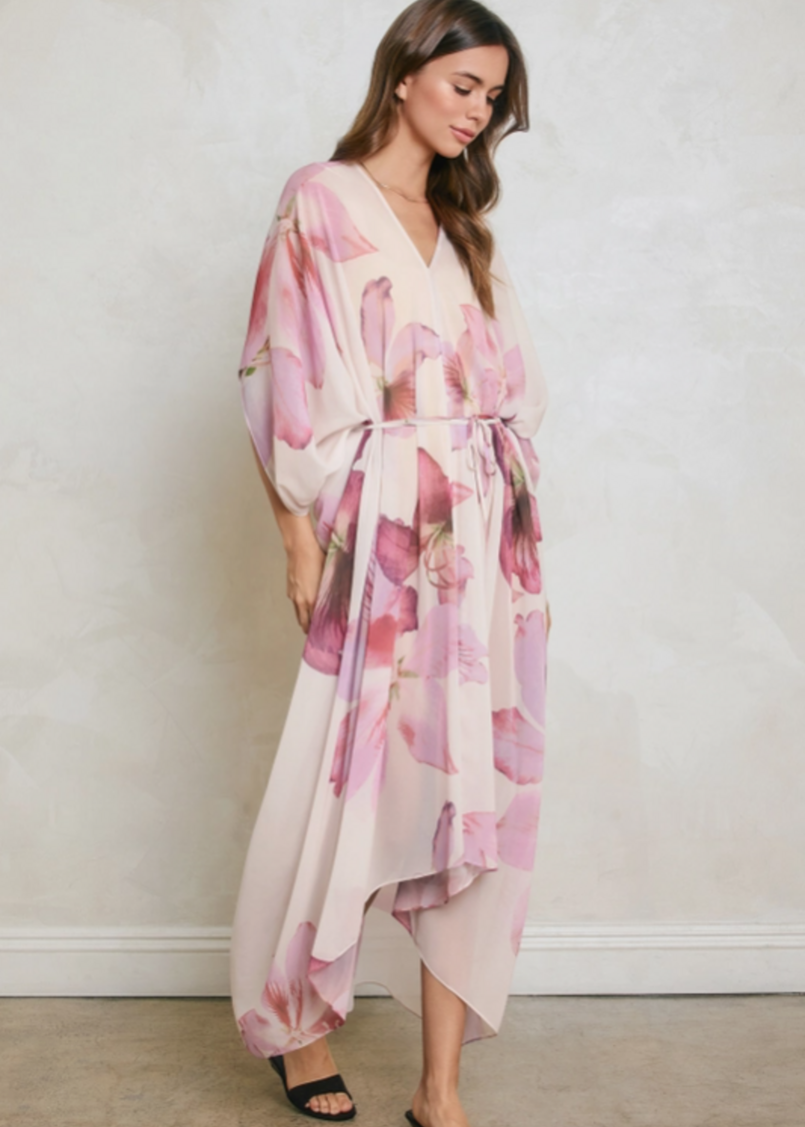 Laelia Orchid Floral V Neck Kaftan Dress