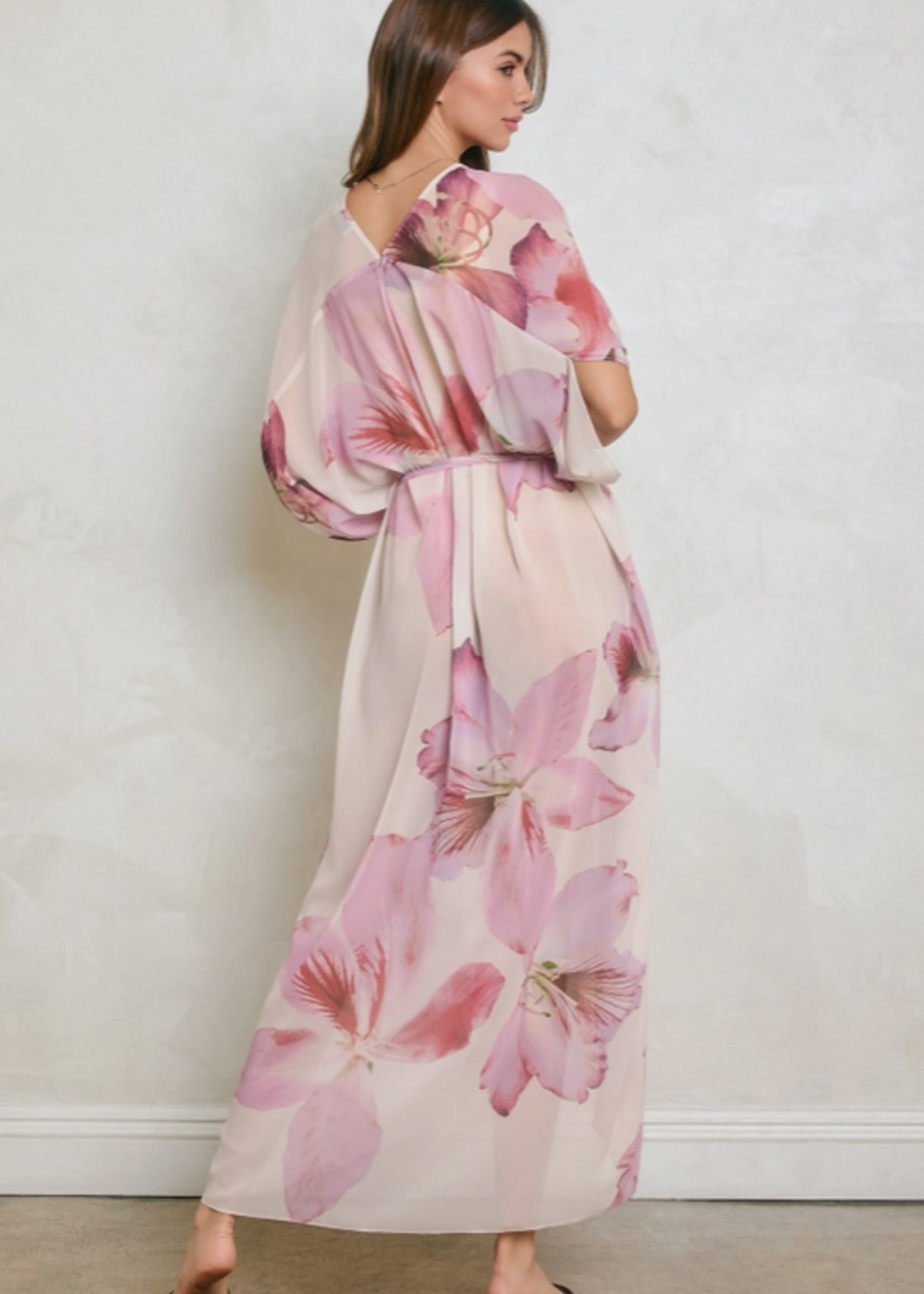 Laelia Orchid Floral V Neck Kaftan Dress