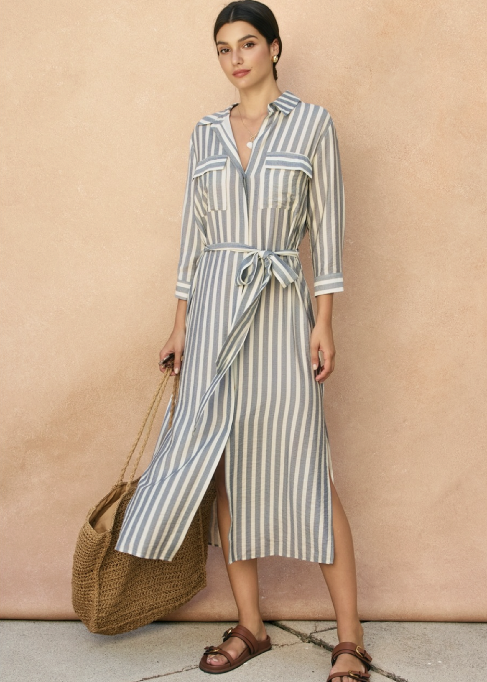 Nautical Stripe Belted Maxi Shirt Dress
