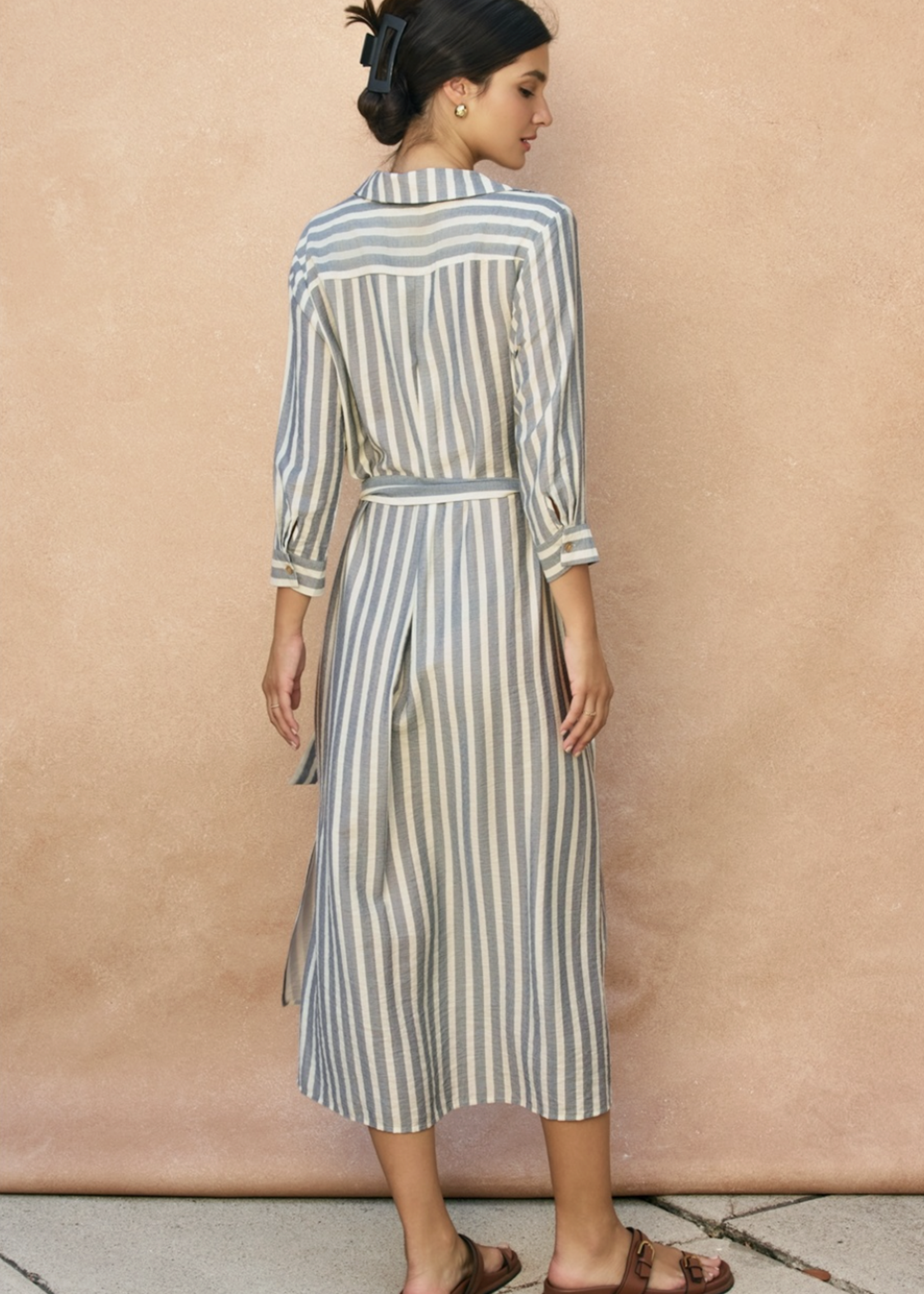 Nautical Stripe Belted Maxi Shirt Dress
