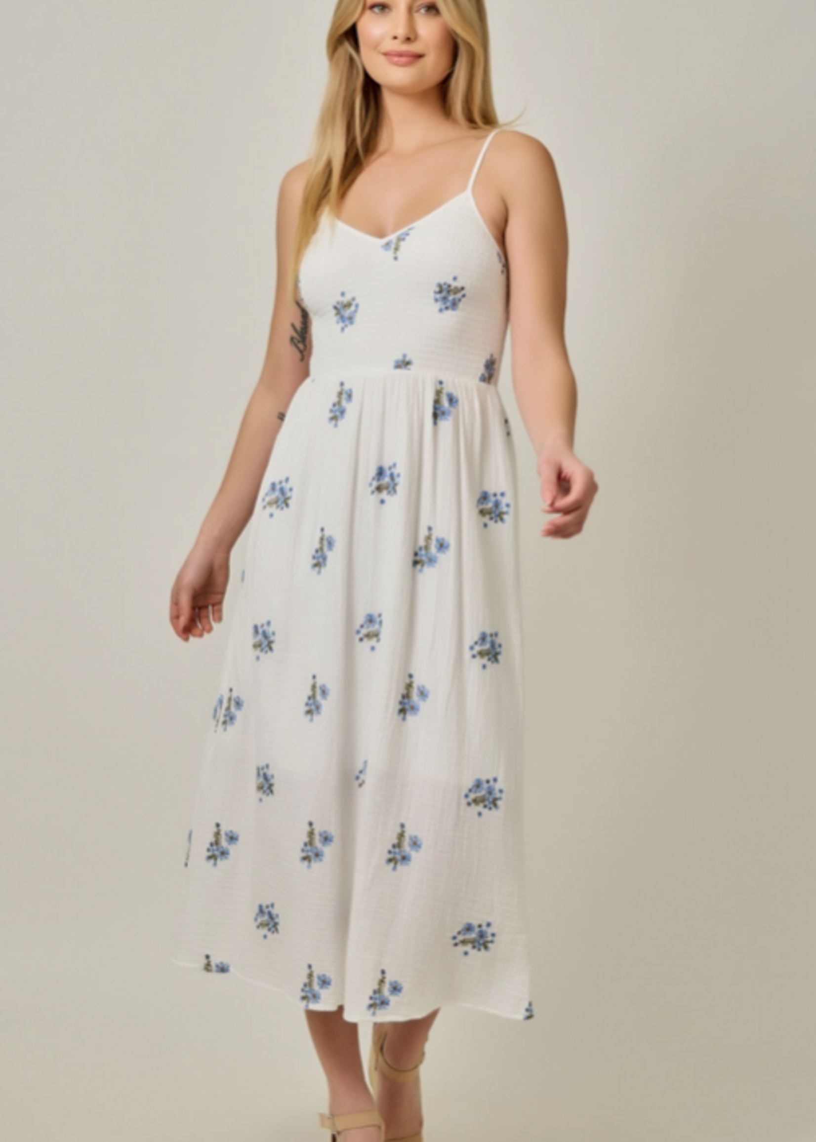 Embroidered Gauze Smocked Midi Dress