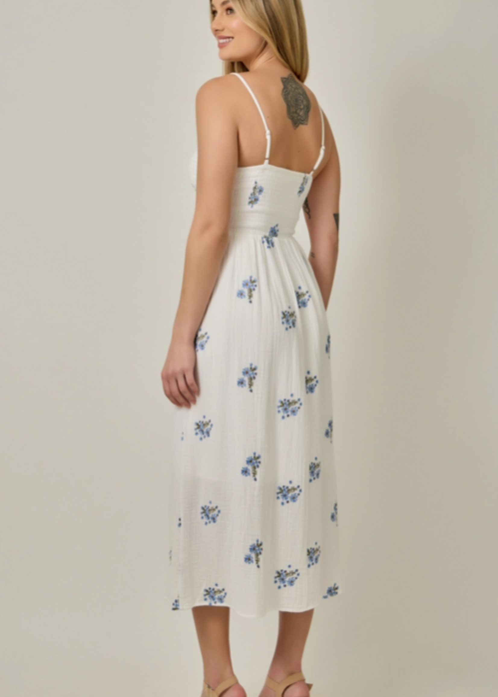 Embroidered Gauze Smocked Midi Dress