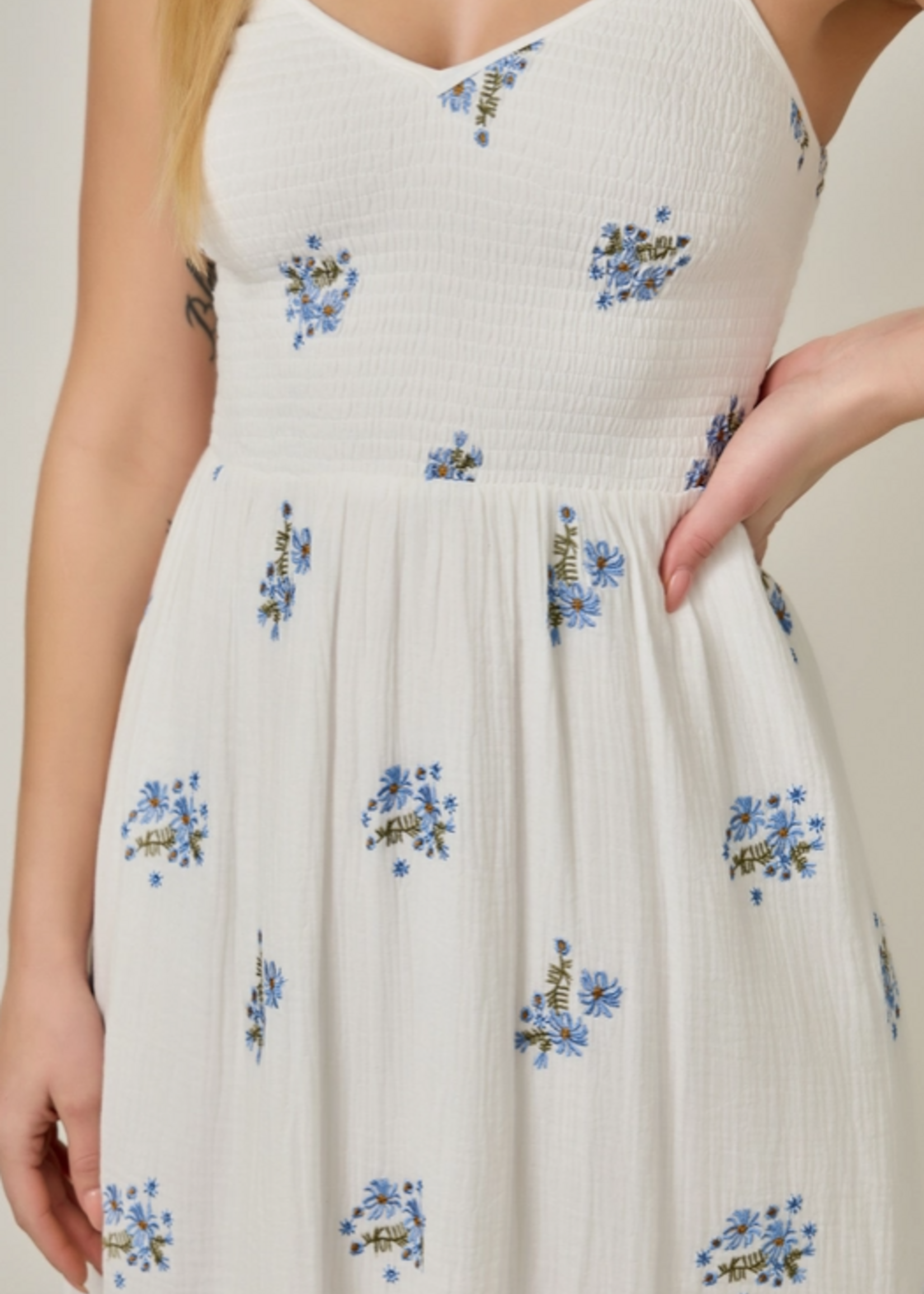 Embroidered Gauze Smocked Midi Dress