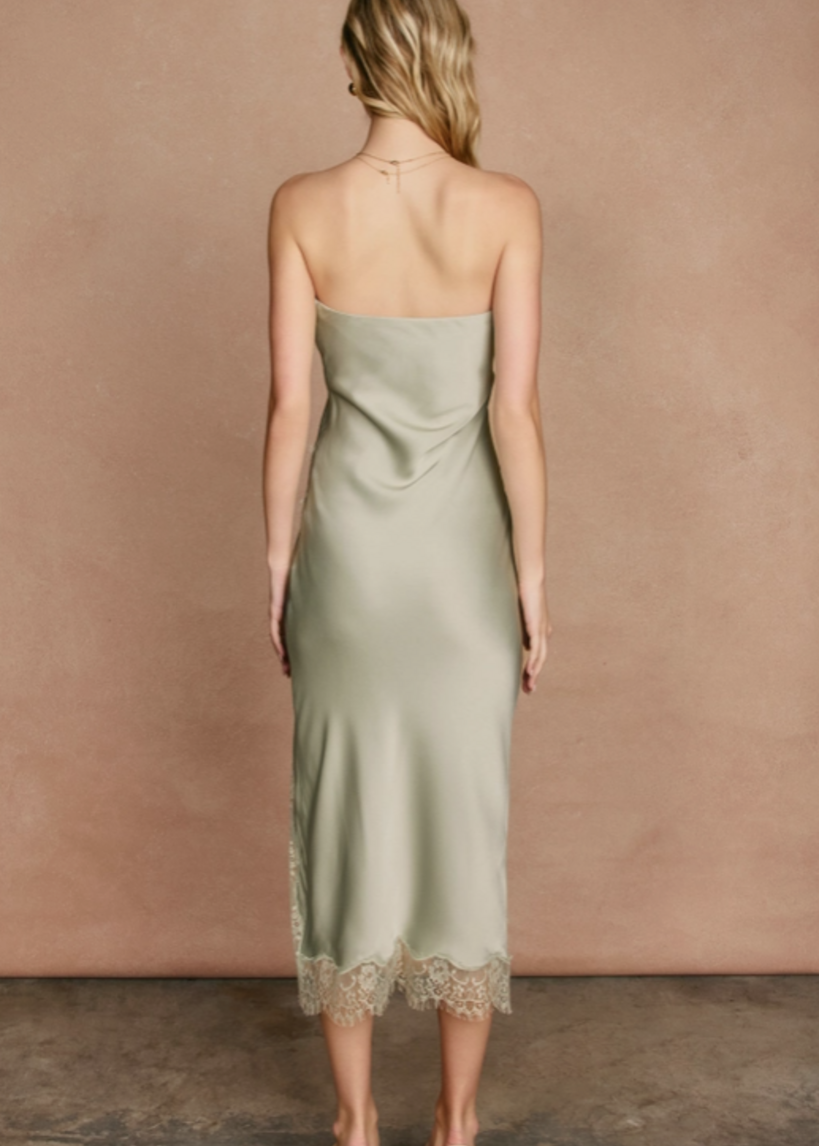 Satin Strapless Lace Hem Midi Dress Sage
