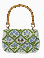 Blue & Green Floral Beaded Bag with Bamboo Top Handle
