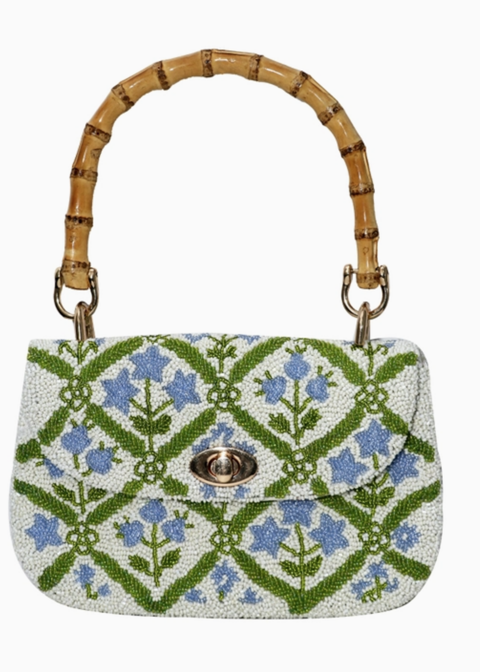 Blue & Green Floral Beaded Bag with Bamboo Top Handle