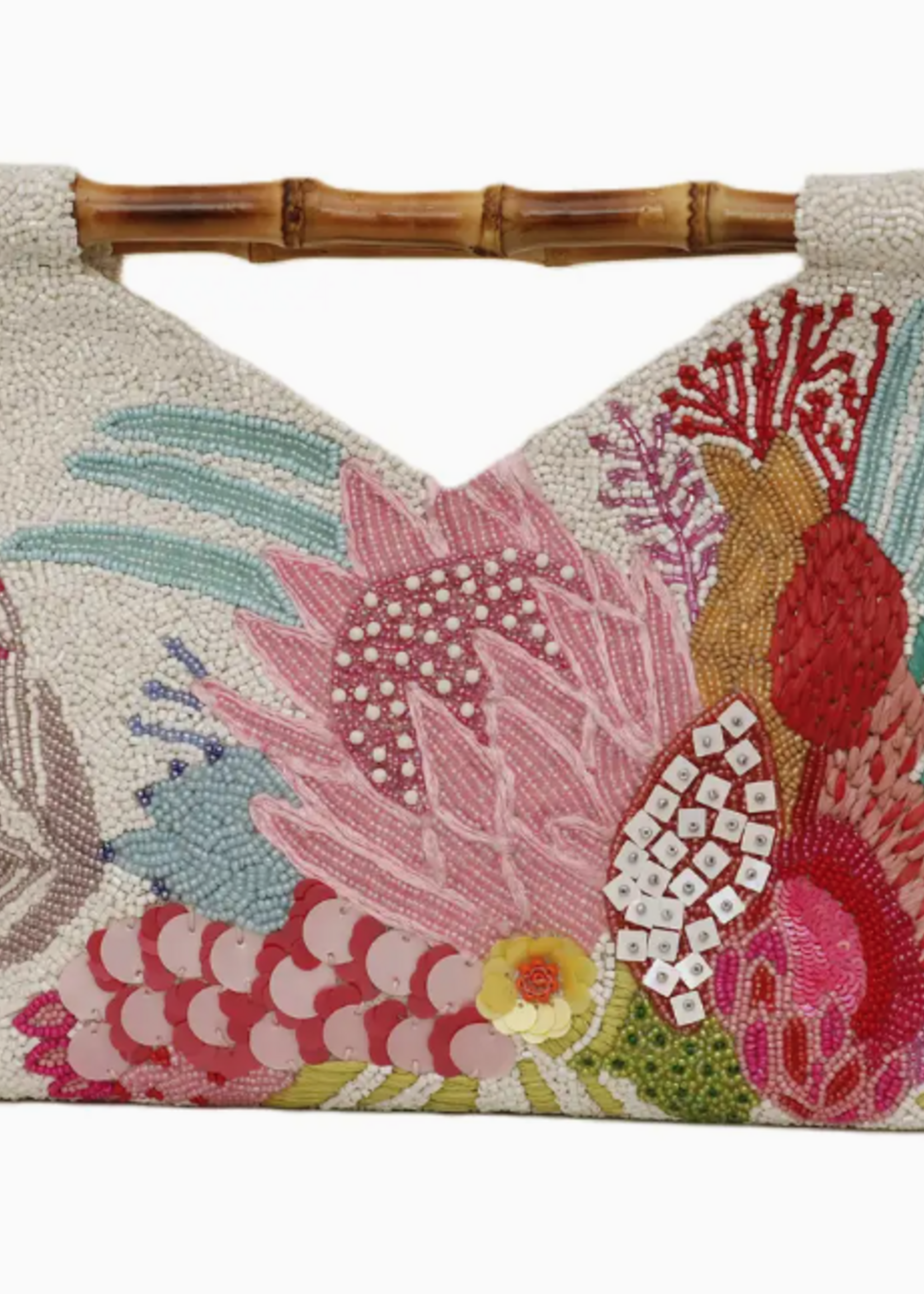 Floral Beaded Bag with Bamboo Handle