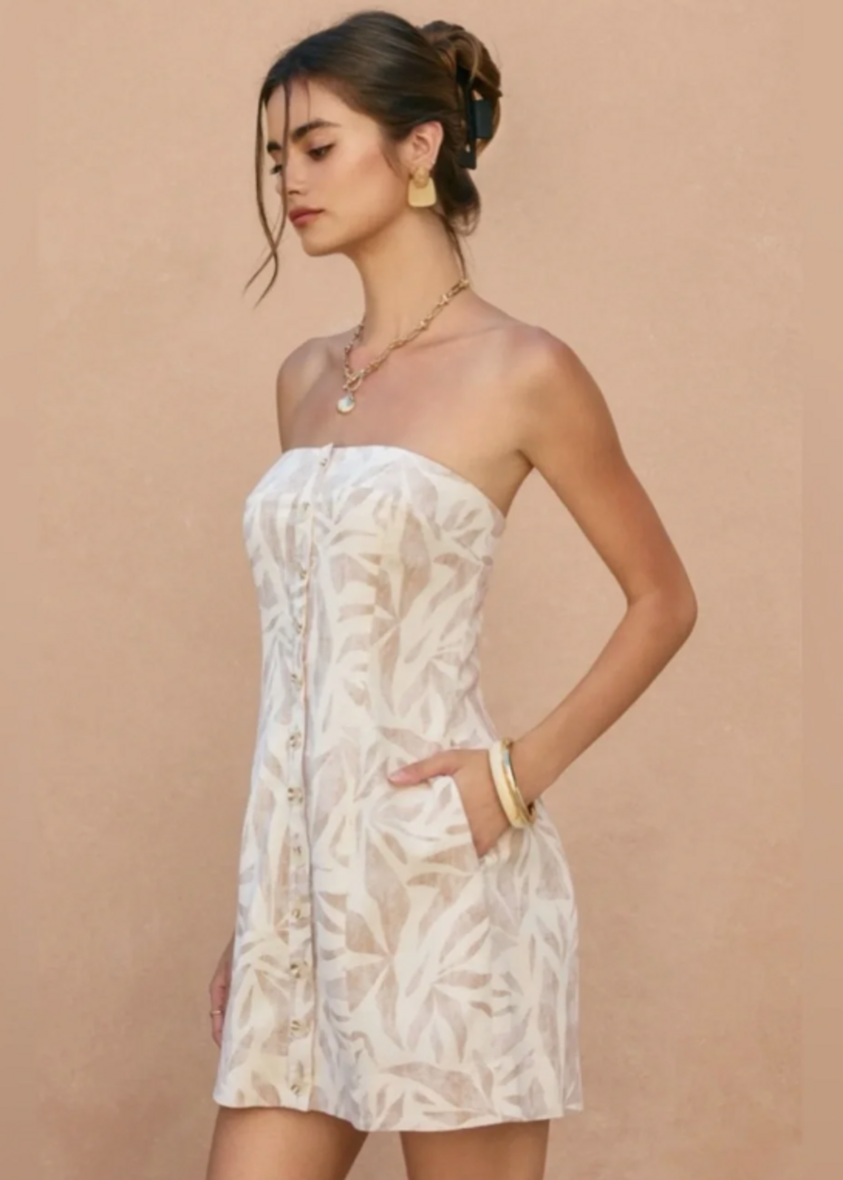 Driftwood Dreams Button Placket Strapless Mini Dress
