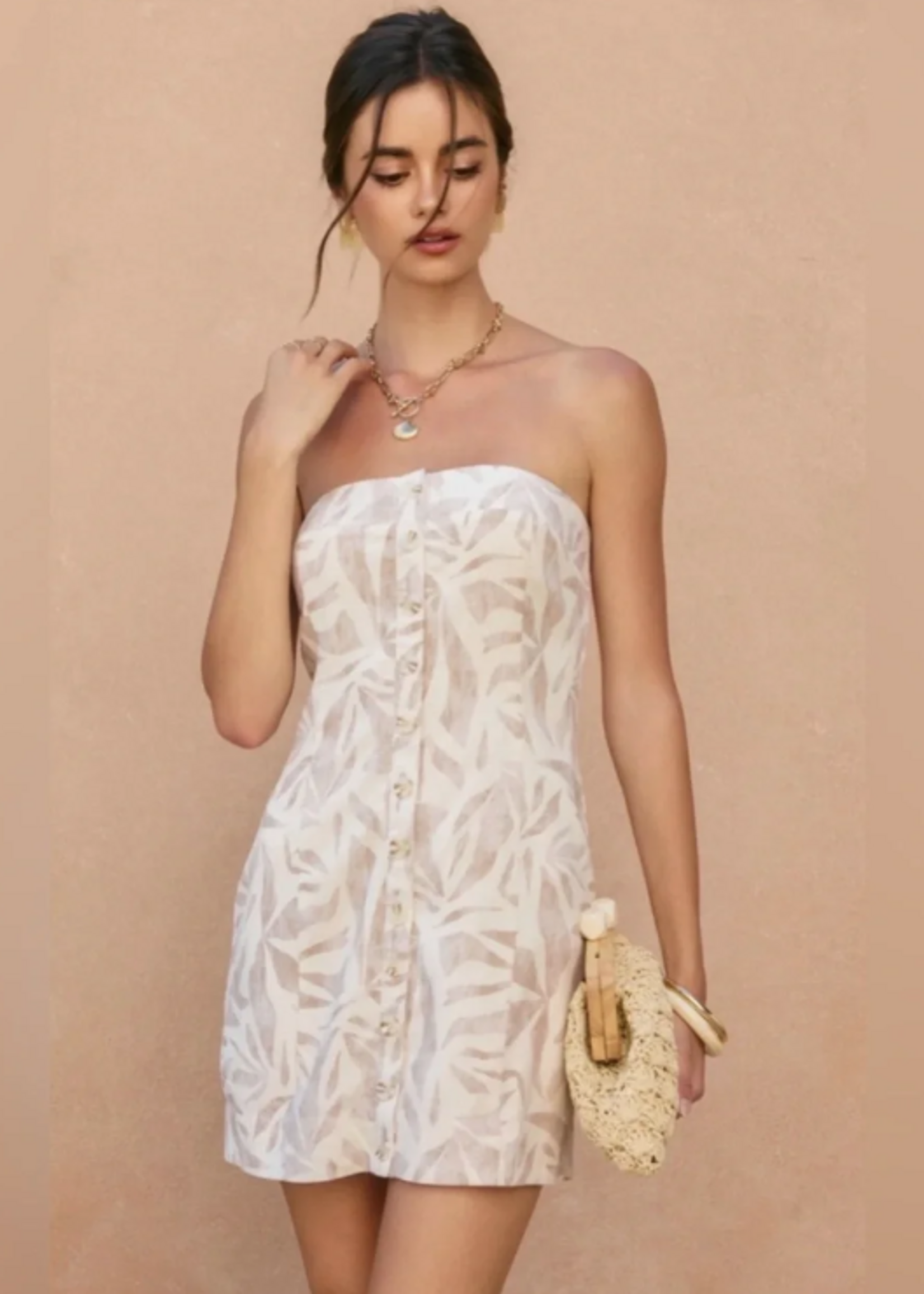 Driftwood Dreams Button Placket Strapless Mini Dress
