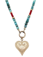Turquoise & Red Coral with Paisley Heart Necklace