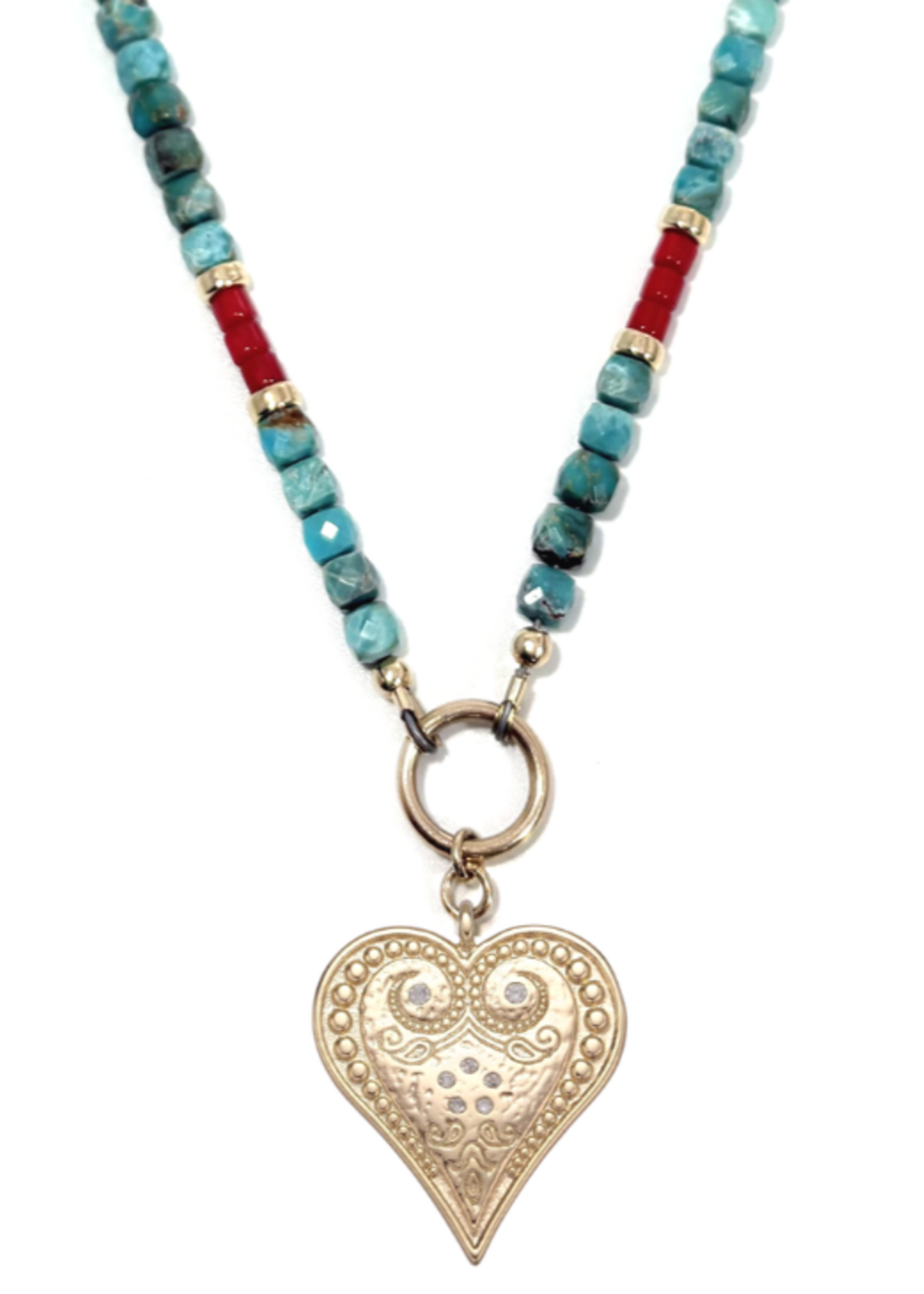 Turquoise & Red Coral with Paisley Heart Necklace