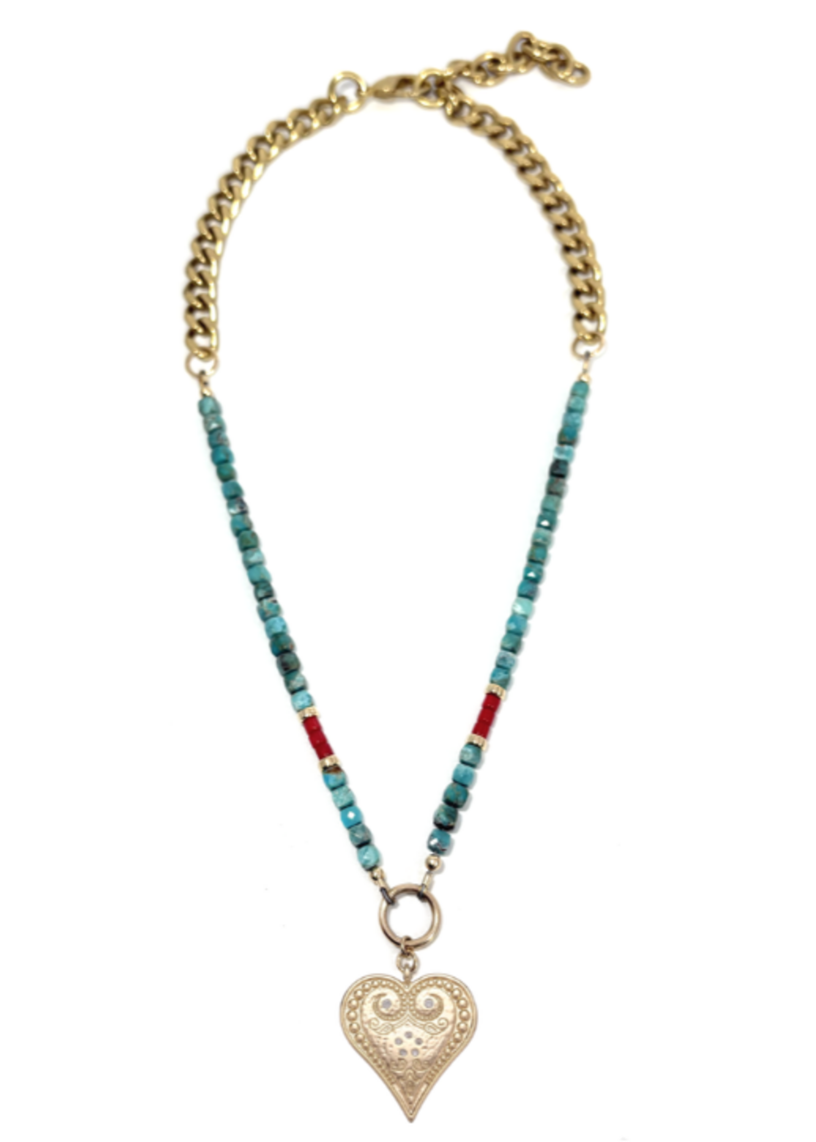 Turquoise & Red Coral with Paisley Heart Necklace