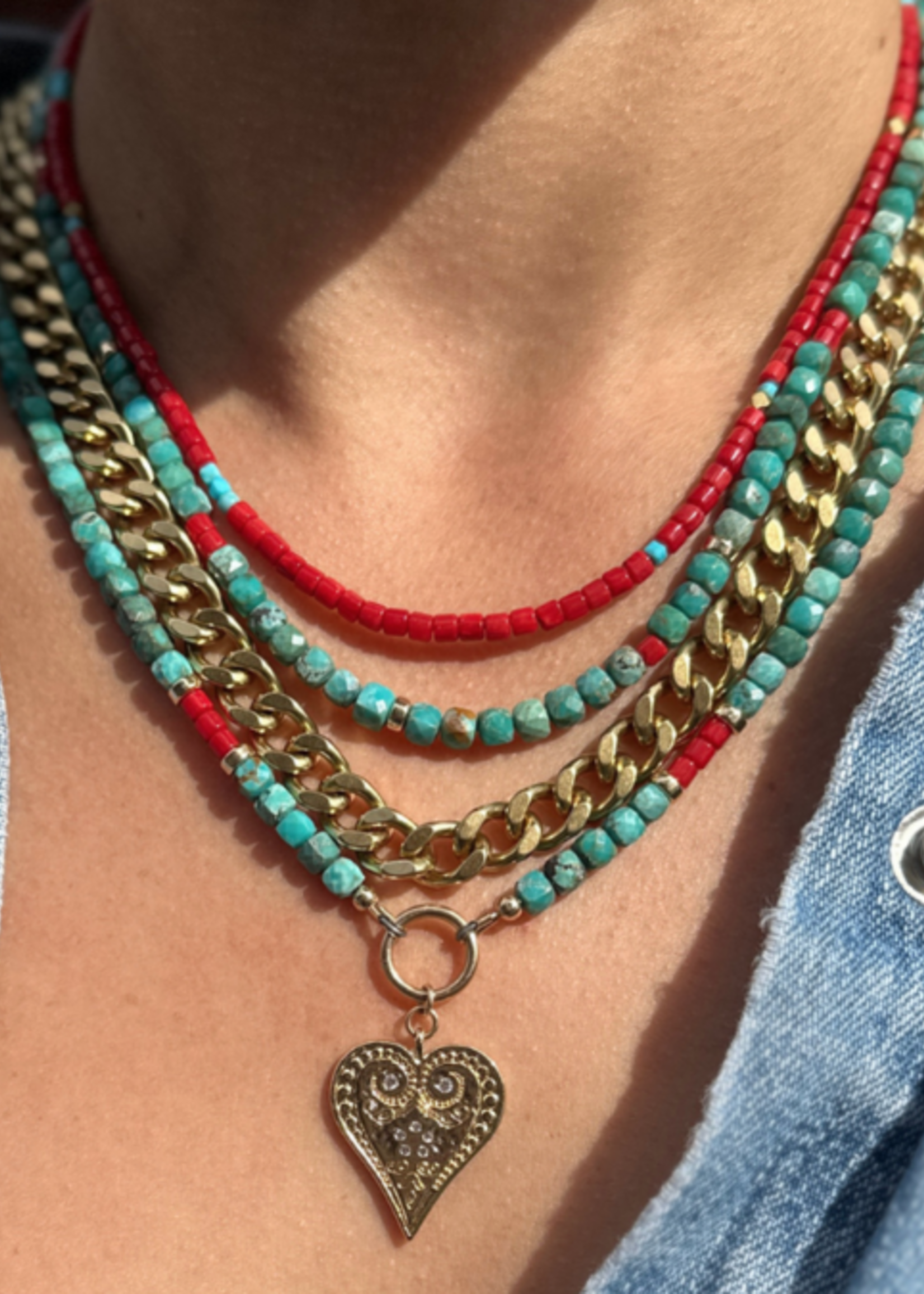 Turquoise & Red Coral with Paisley Heart Necklace