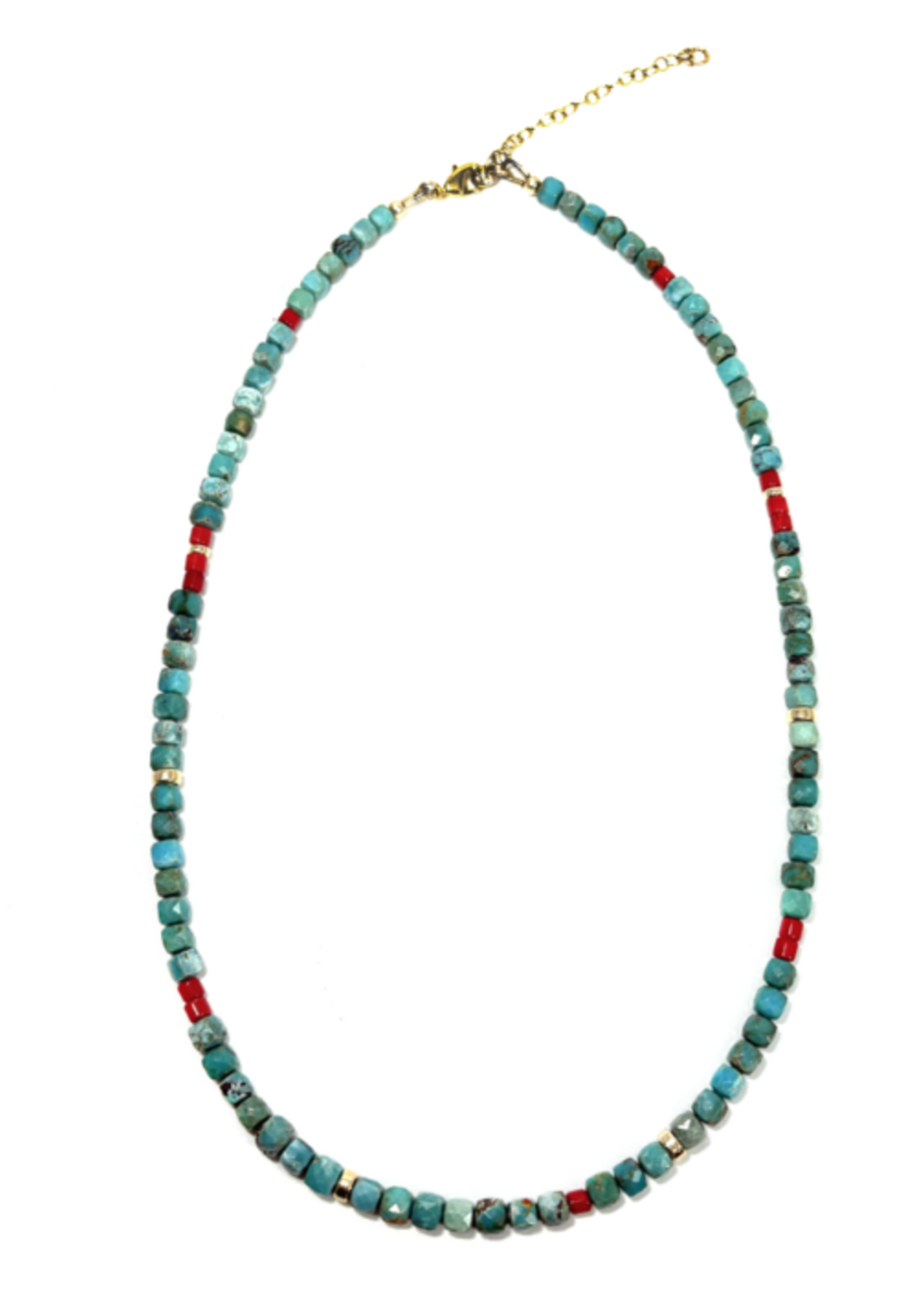 Turquoise & Red Coral Mini Beaded Necklace