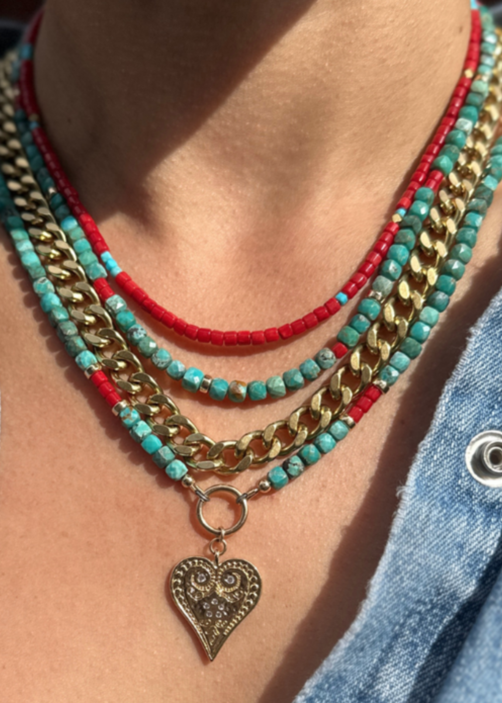 Turquoise & Red Coral Mini Beaded Necklace